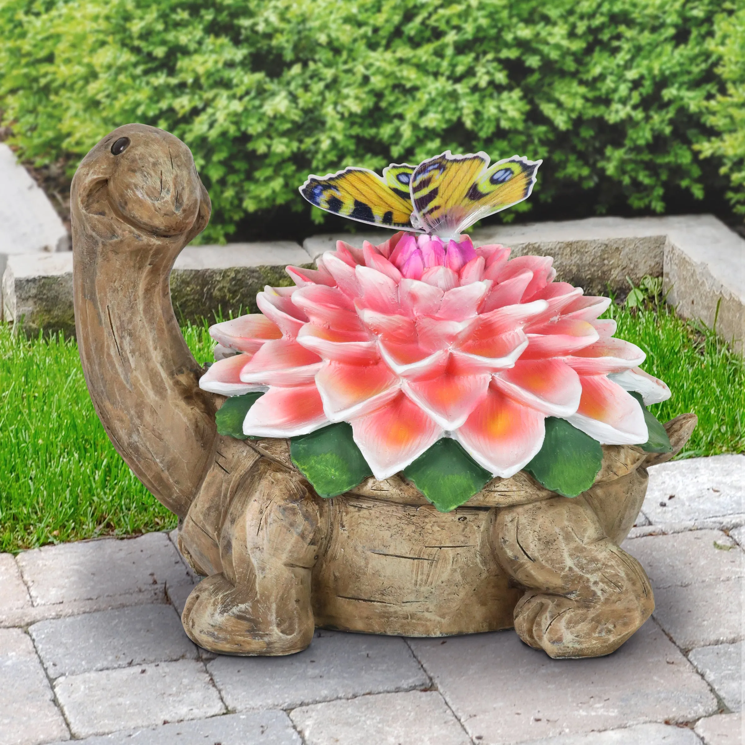 Solar Garden Turtle Statue with Fiber Optic Color Changing Butterfly, 9 Inch
