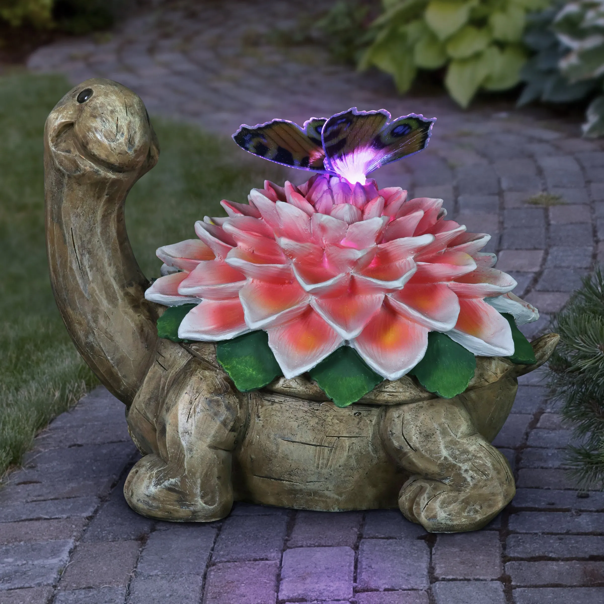 Solar Garden Turtle Statue with Fiber Optic Color Changing Butterfly, 9 Inch