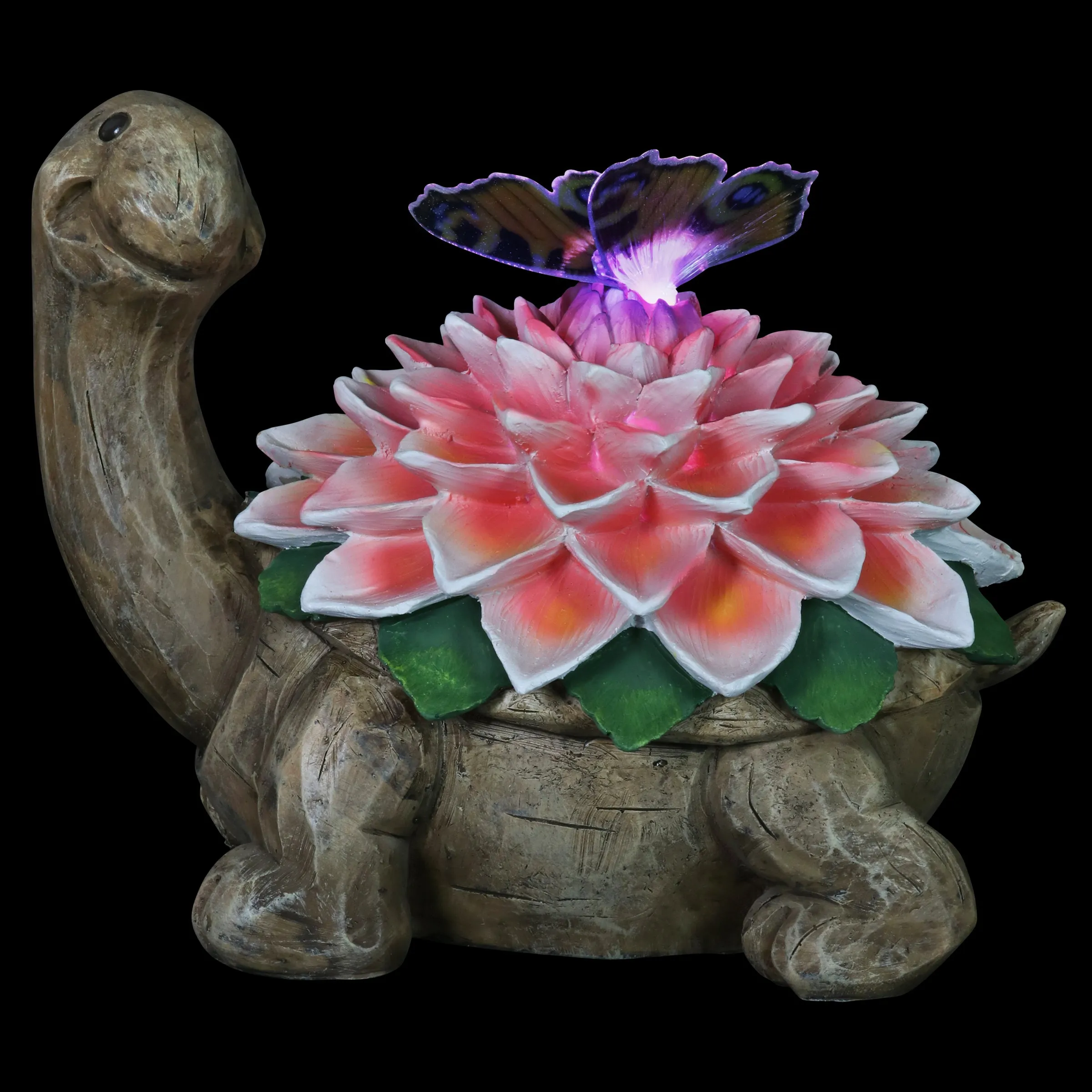 Solar Garden Turtle Statue with Fiber Optic Color Changing Butterfly, 9 Inch