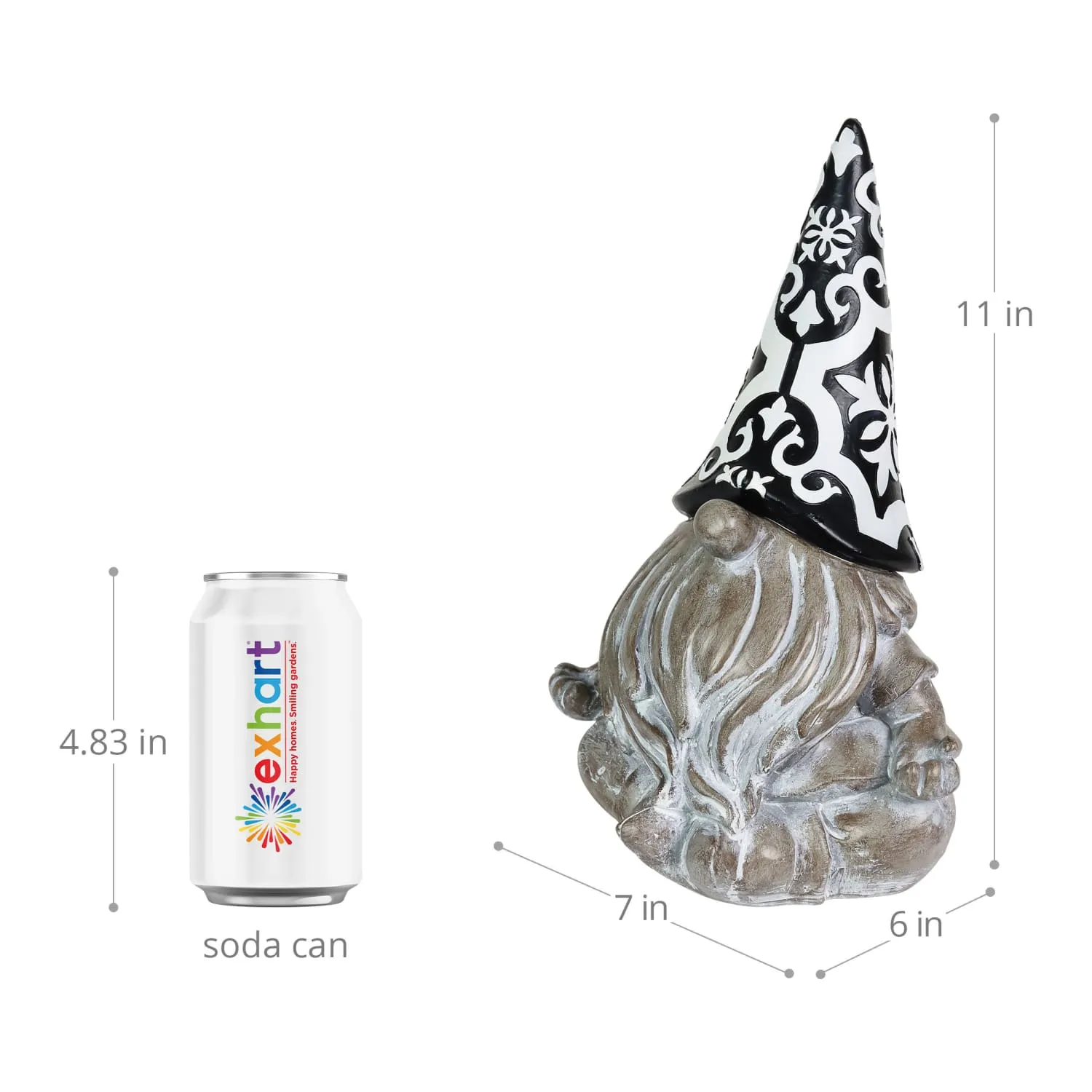 Solar Grey Gnome with Black and White Pattern Hat Garden Statue, 7 by 11 Inches
