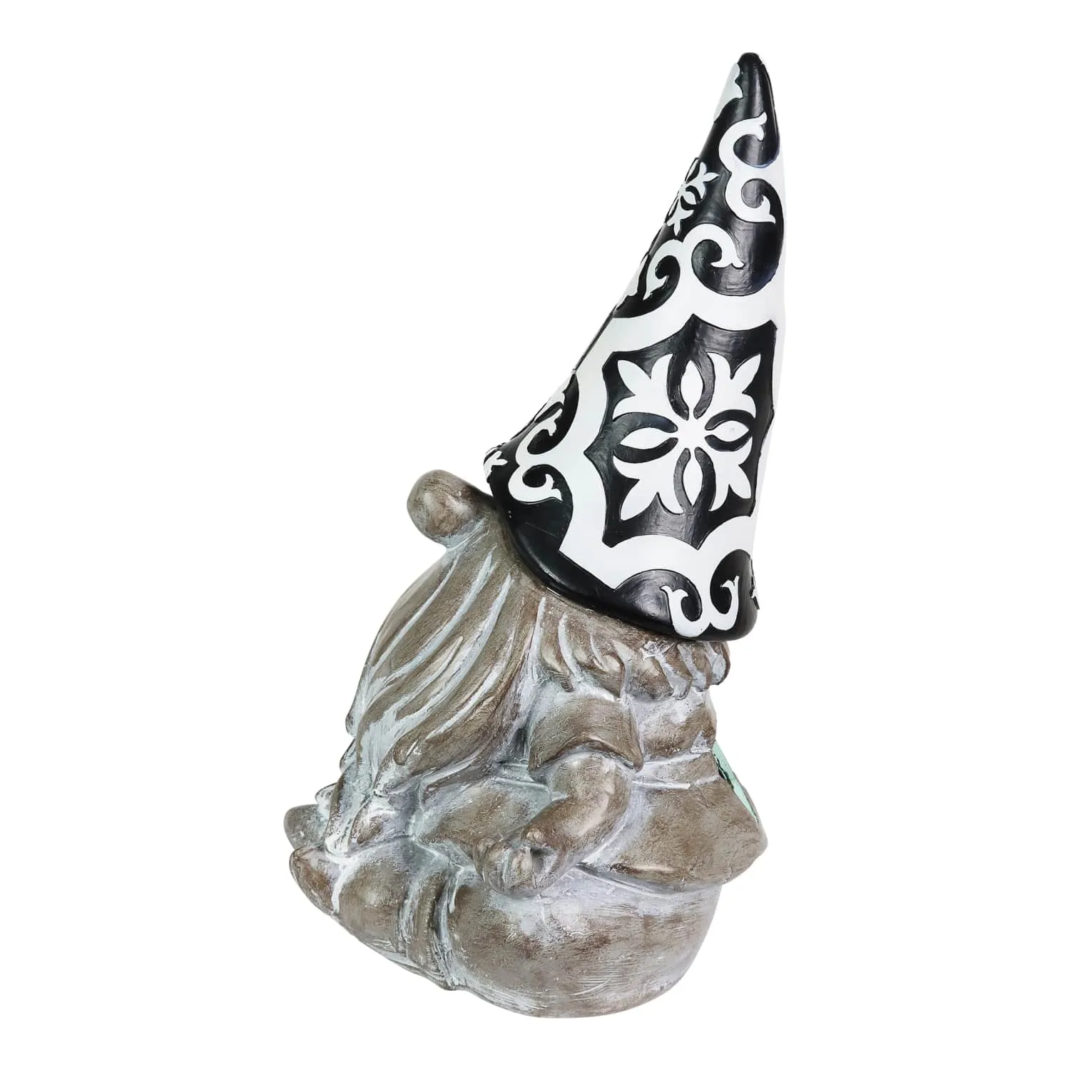 Solar Grey Gnome with Black and White Pattern Hat Garden Statue, 7 by 11 Inches