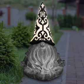 Solar Grey Gnome with Black and White Pattern Hat Garden Statue, 7 by 11 Inches