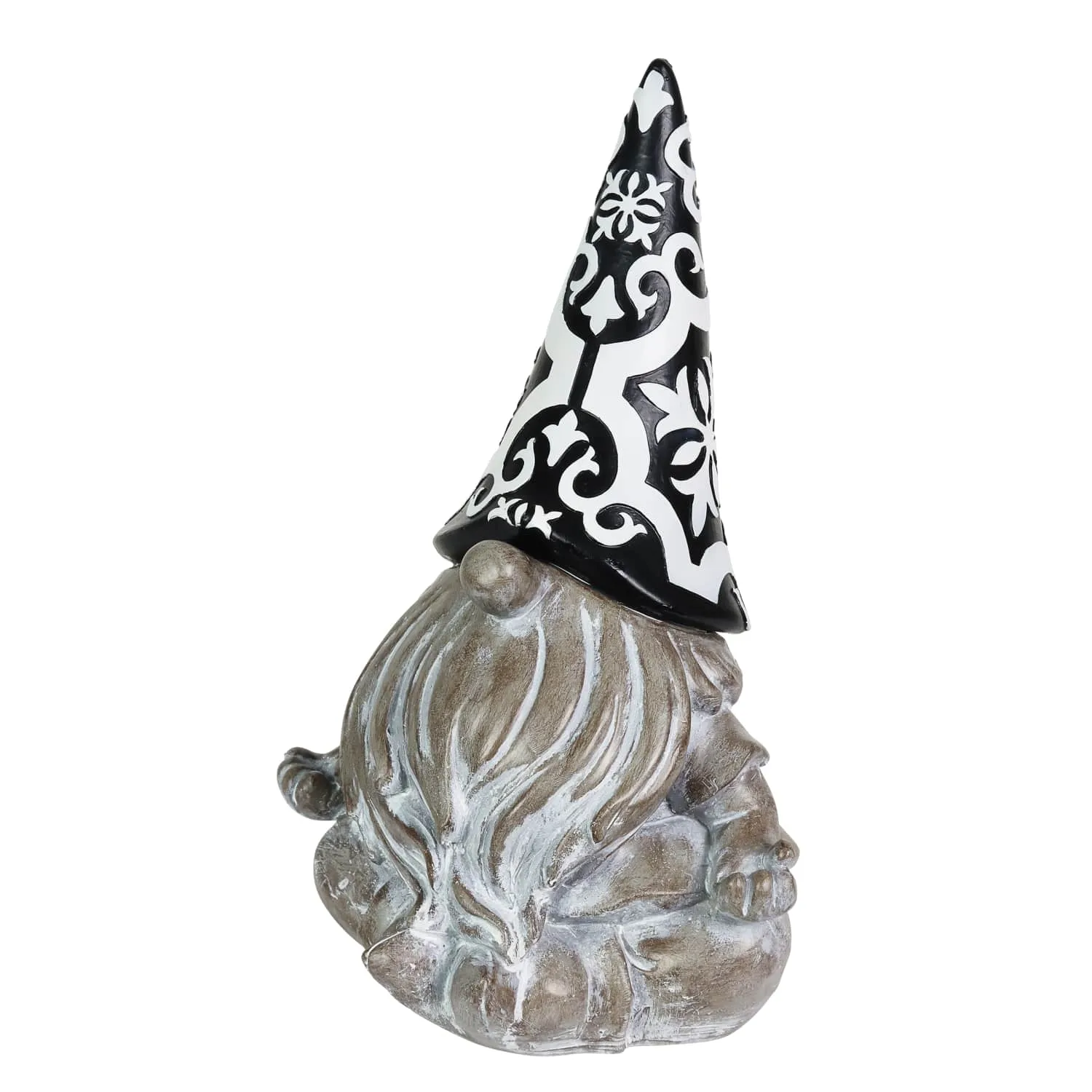 Solar Grey Gnome with Black and White Pattern Hat Garden Statue, 7 by 11 Inches