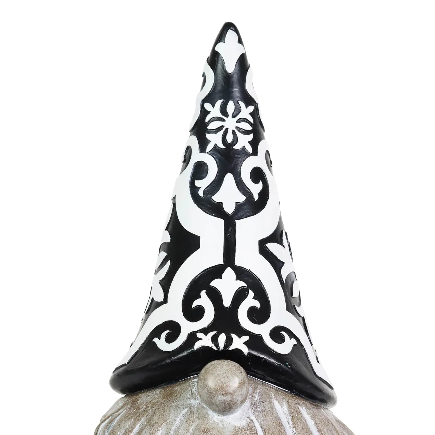 Solar Grey Gnome with Black and White Pattern Hat Garden Statue, 7 by 11 Inches
