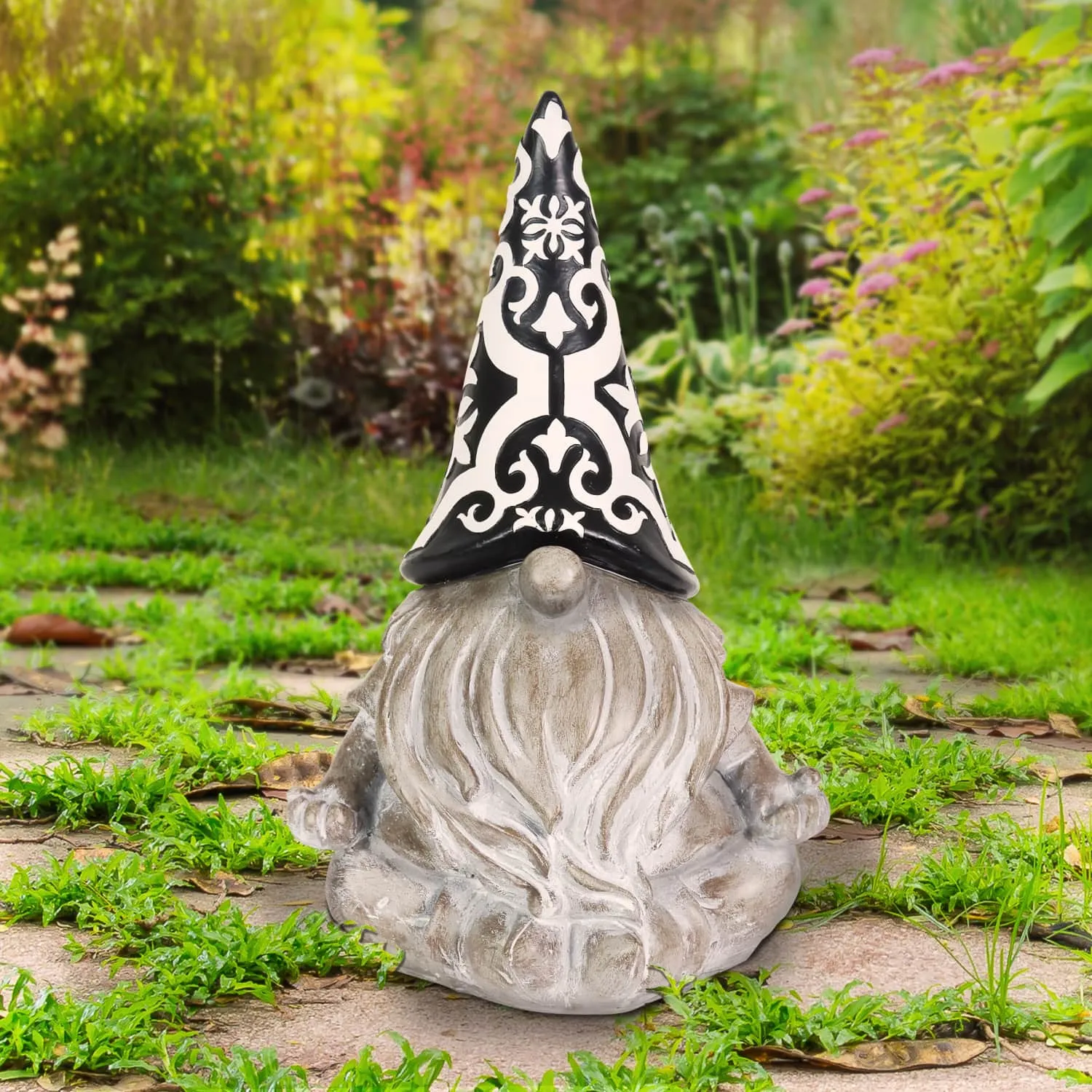 Solar Grey Gnome with Black and White Pattern Hat Garden Statue, 7 by 11 Inches