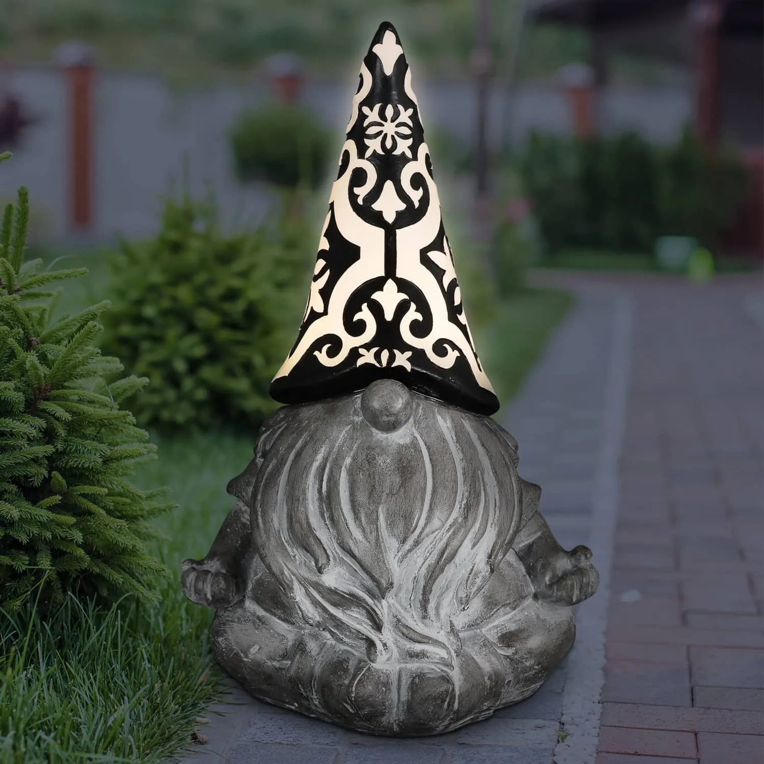 Solar Grey Gnome with Black and White Pattern Hat Garden Statue, 7 by 11 Inches
