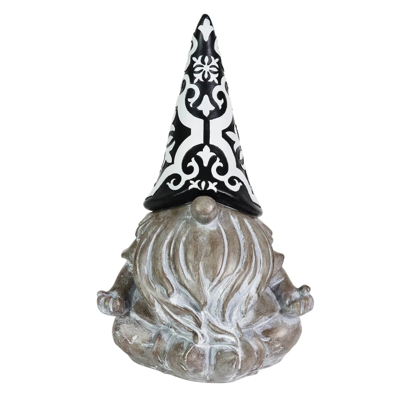 Solar Grey Gnome with Black and White Pattern Hat Garden Statue, 7 by 11 Inches