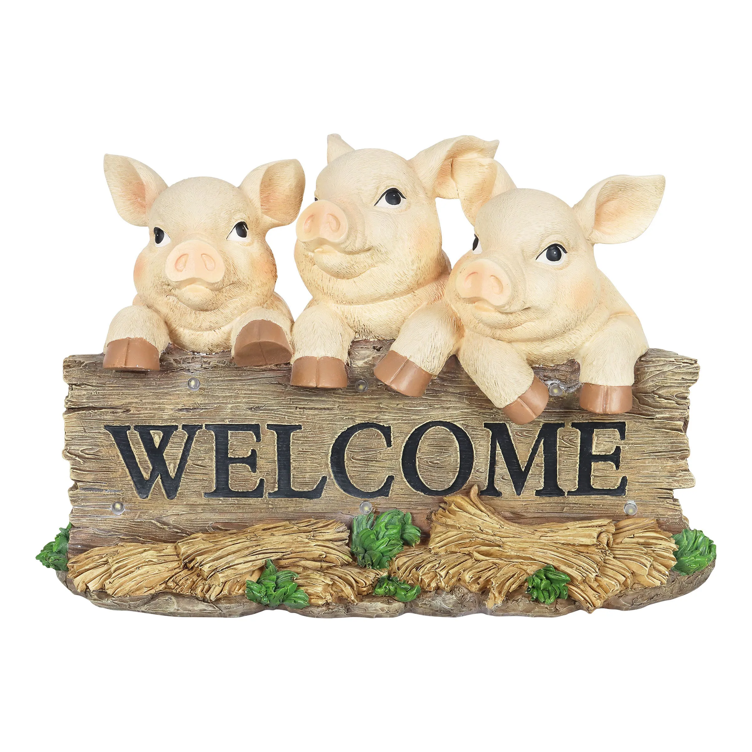 Solar Hand Painted Pigs on a Welcome Log Garden Statue, 12.5 by 8 Inches