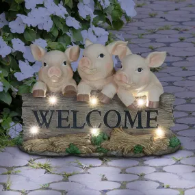 Solar Hand Painted Pigs on a Welcome Log Garden Statue, 12.5 by 8 Inches