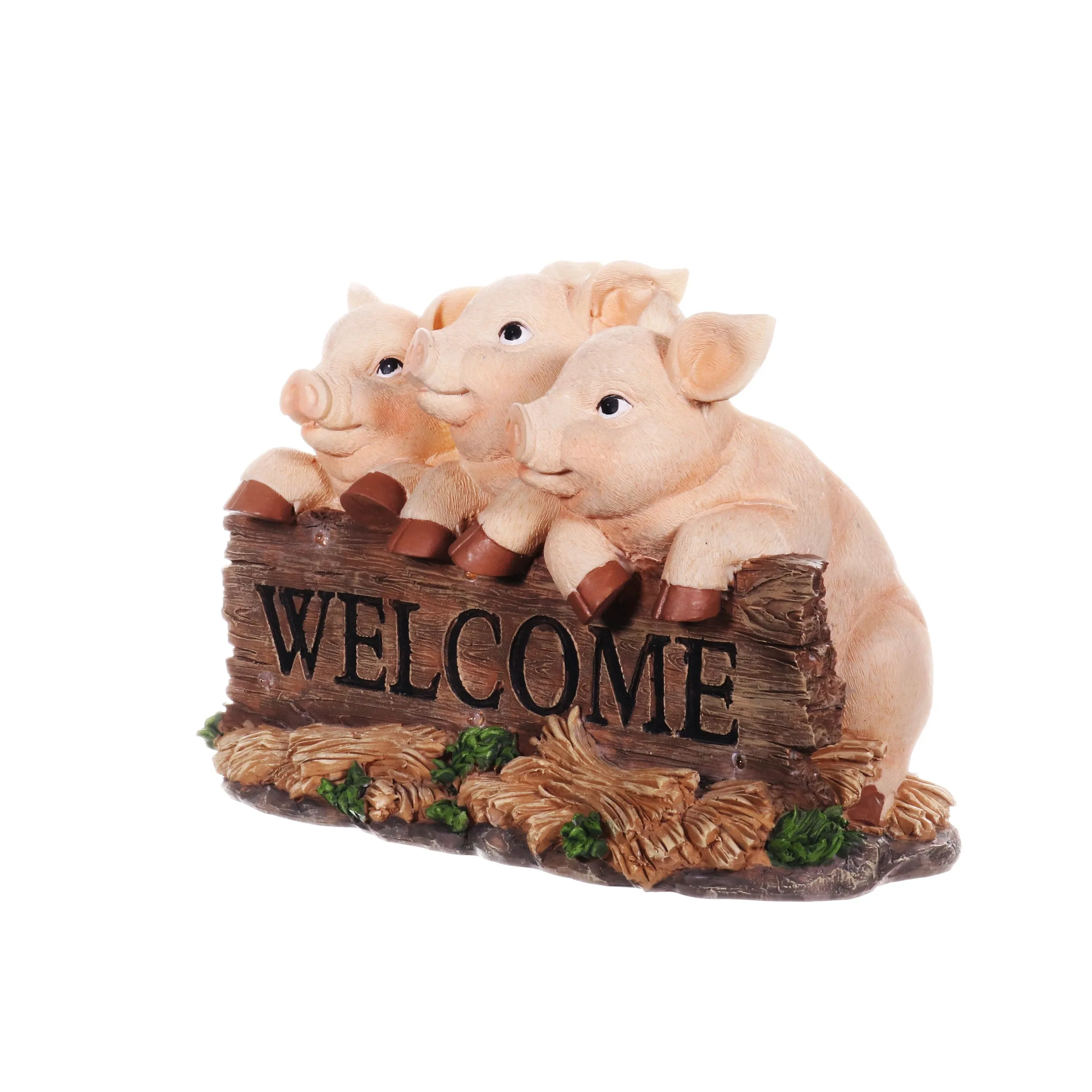 Solar Hand Painted Pigs on a Welcome Log Garden Statue, 12.5 by 8 Inches
