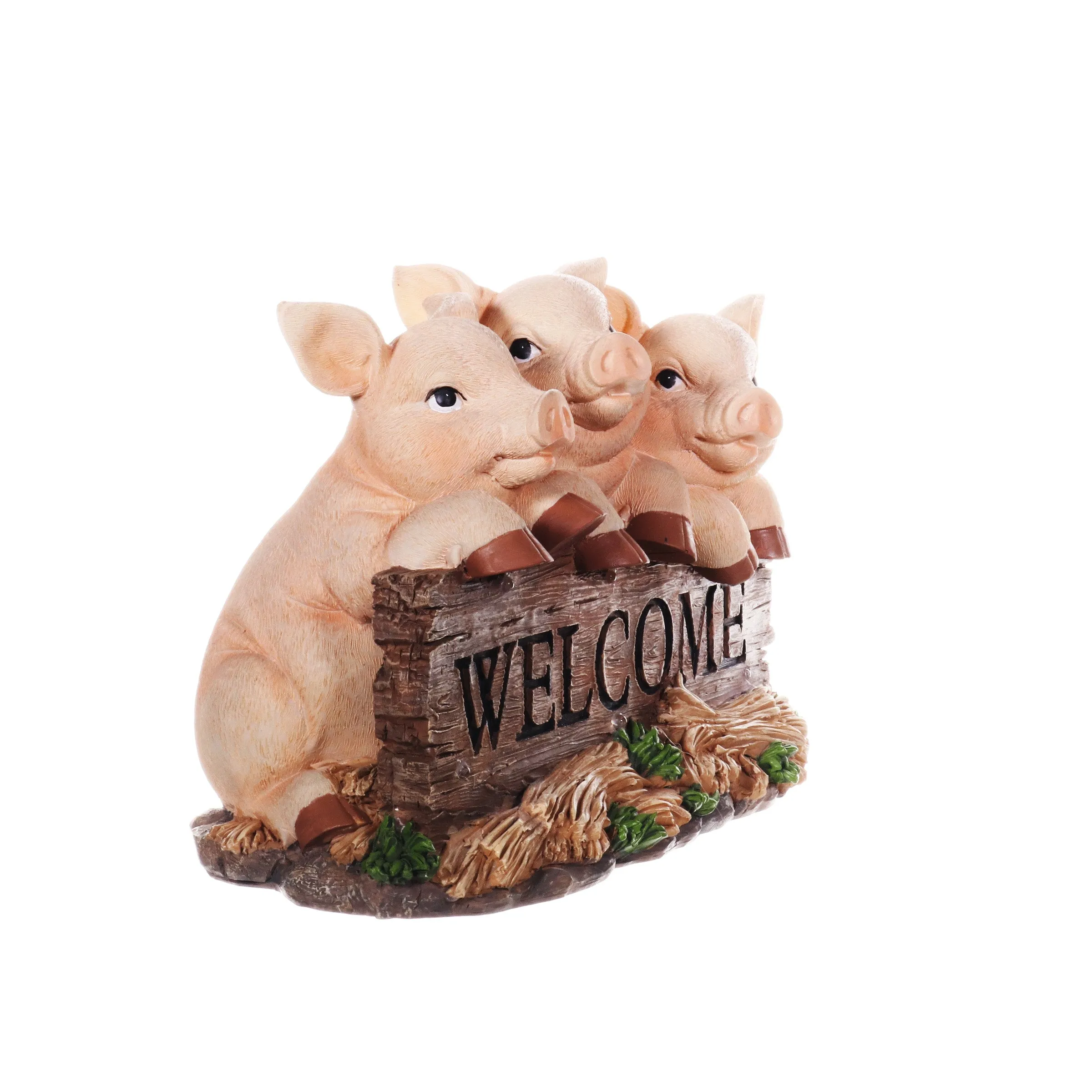 Solar Hand Painted Pigs on a Welcome Log Garden Statue, 12.5 by 8 Inches