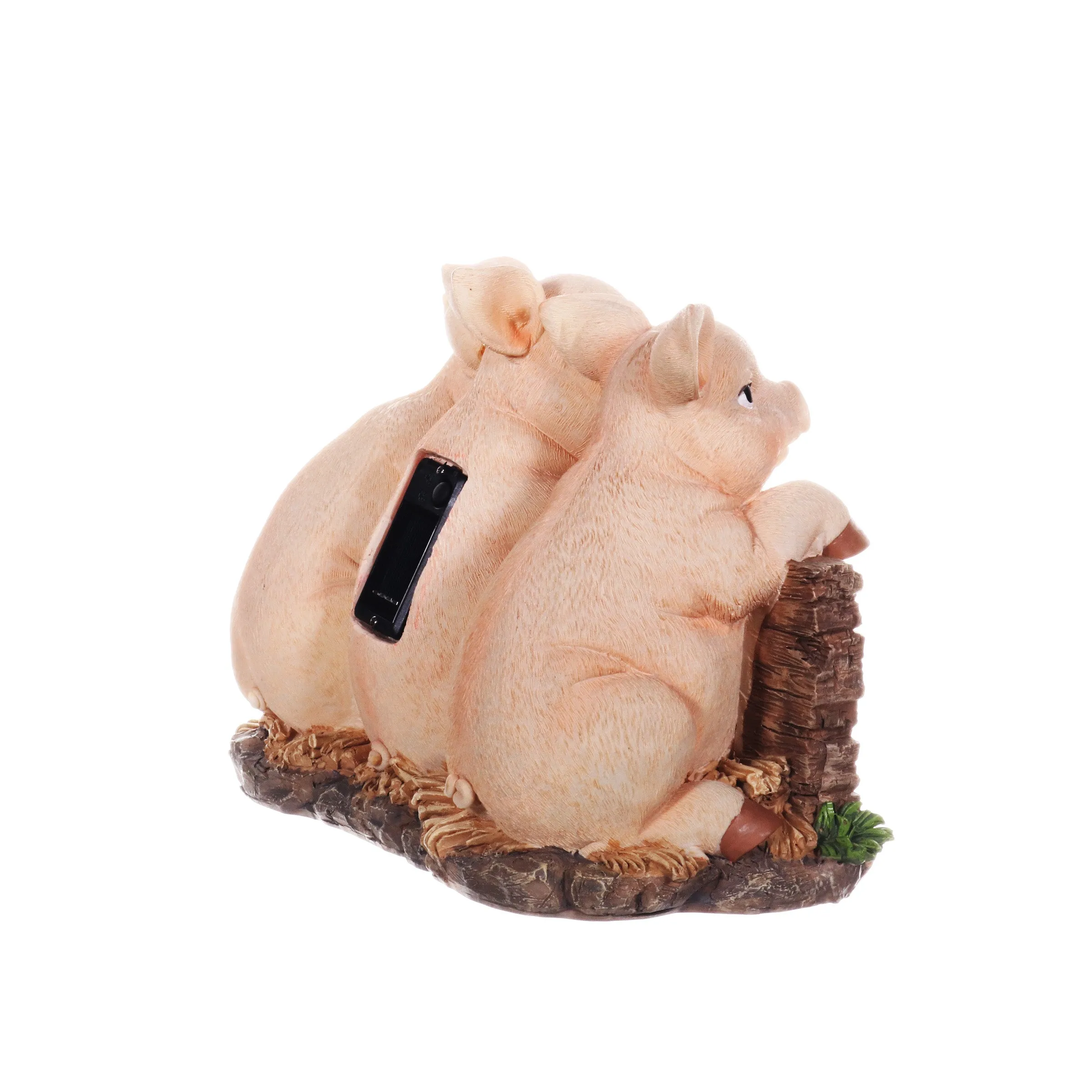 Solar Hand Painted Pigs on a Welcome Log Garden Statue, 12.5 by 8 Inches