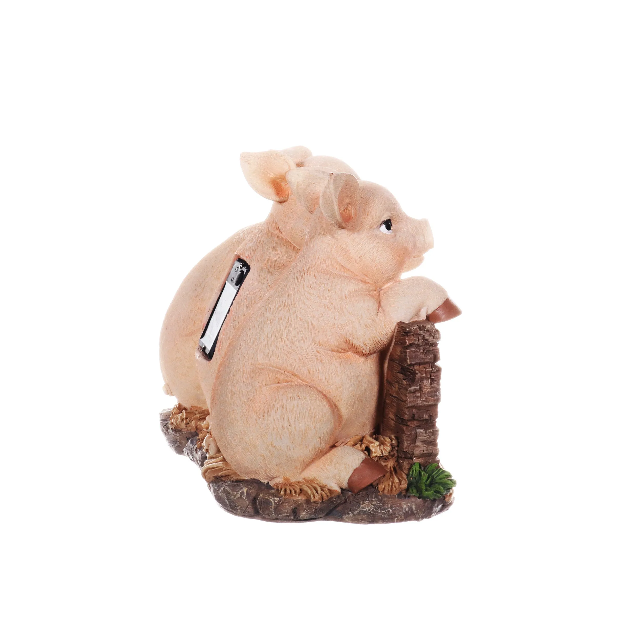 Solar Hand Painted Pigs on a Welcome Log Garden Statue, 12.5 by 8 Inches