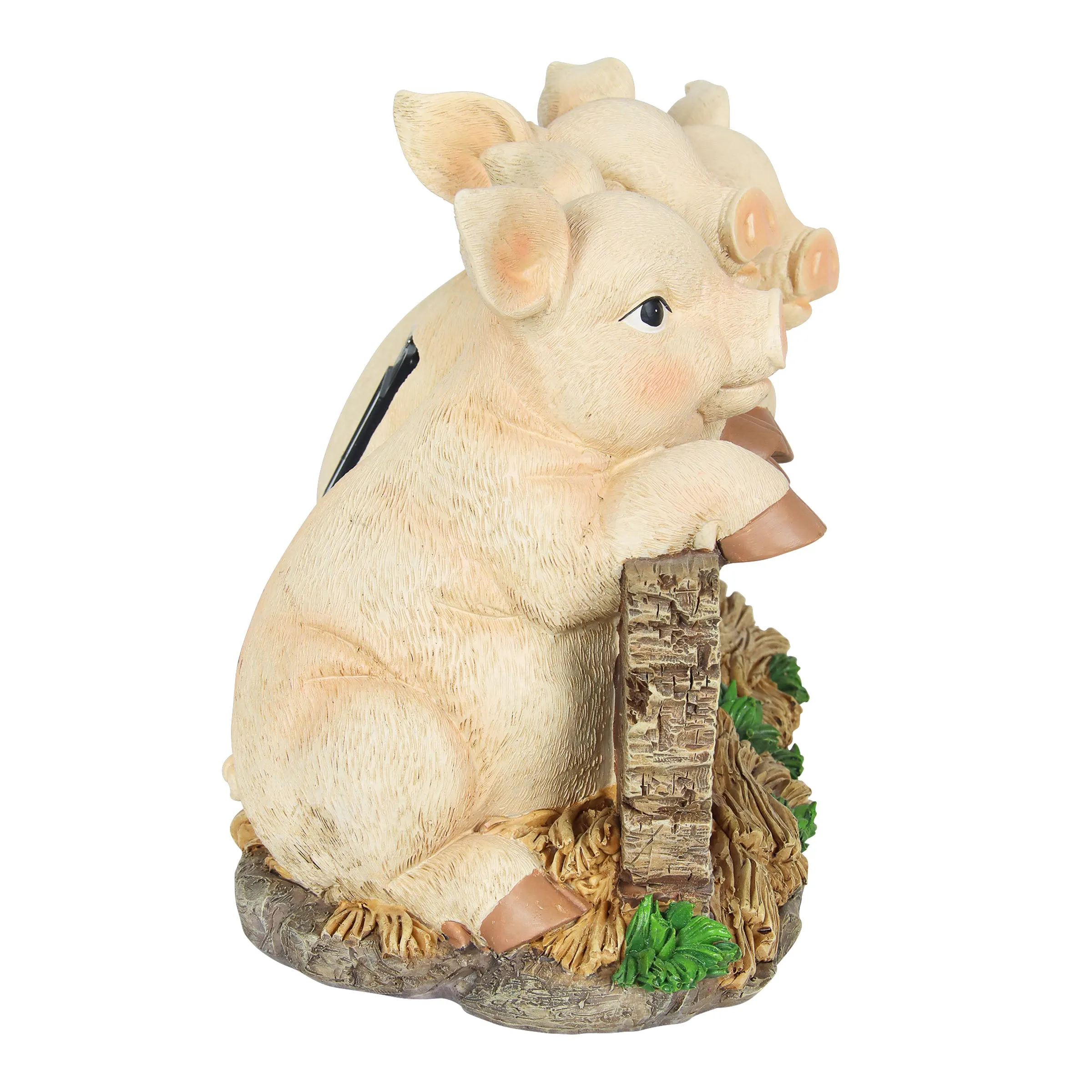 Solar Hand Painted Pigs on a Welcome Log Garden Statue, 12.5 by 8 Inches