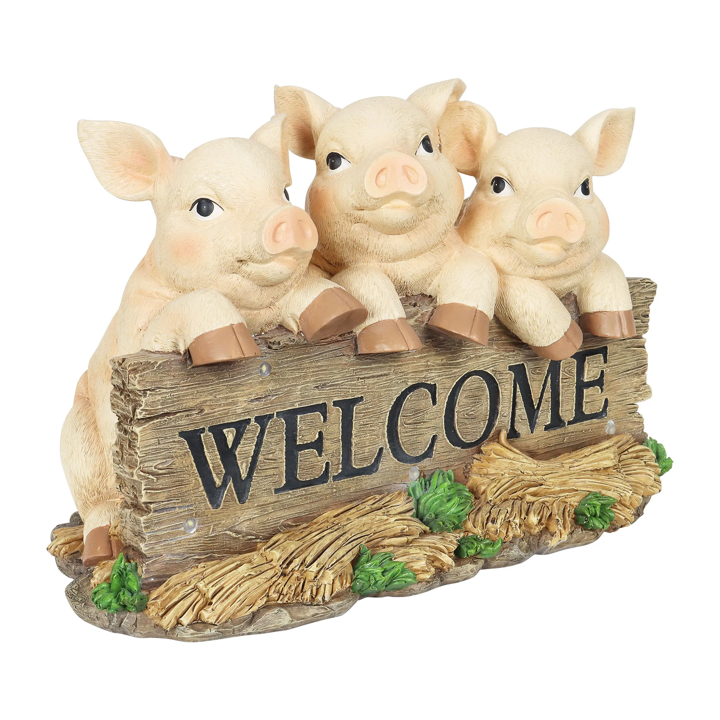 Solar Hand Painted Pigs on a Welcome Log Garden Statue, 12.5 by 8 Inches