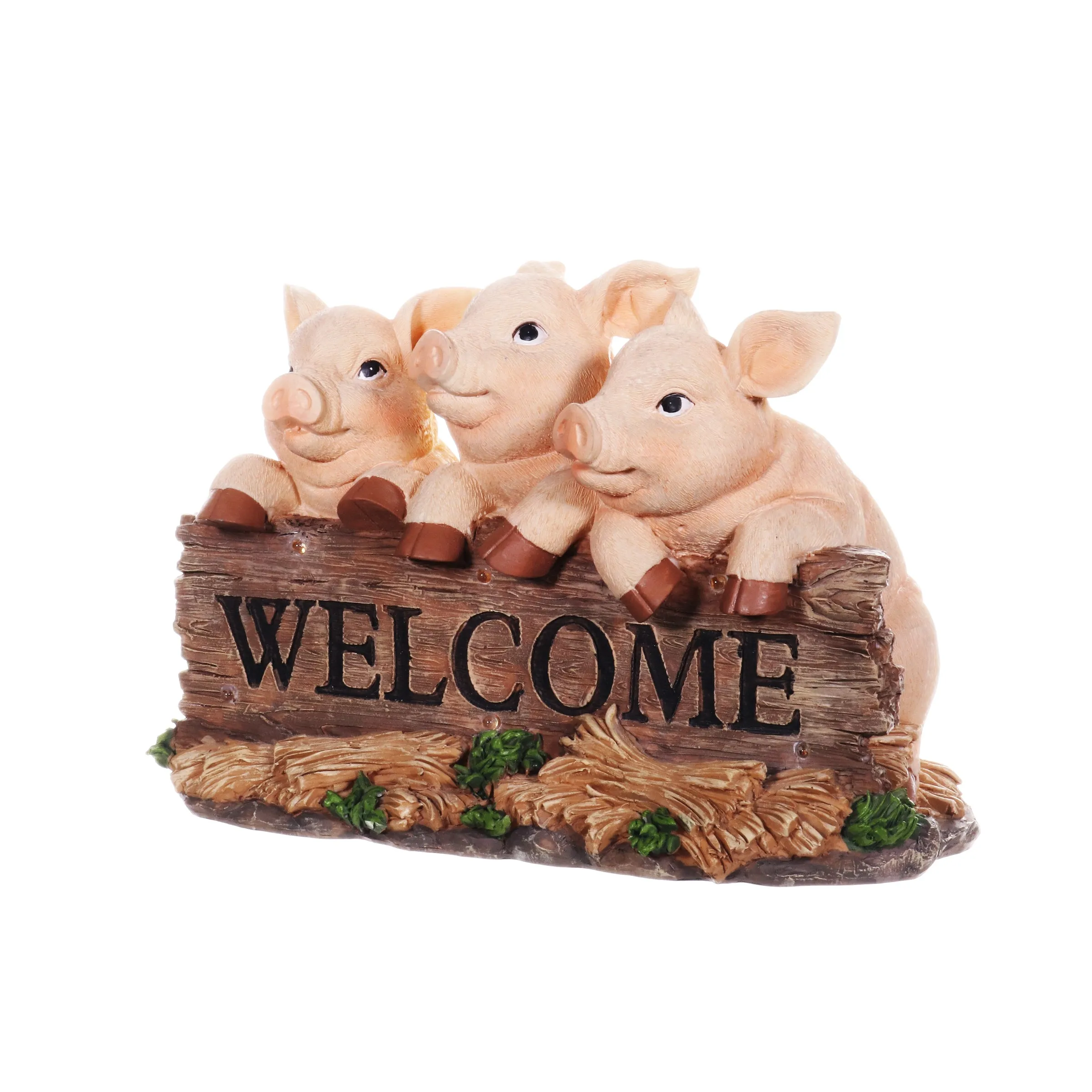 Solar Hand Painted Pigs on a Welcome Log Garden Statue, 12.5 by 8 Inches