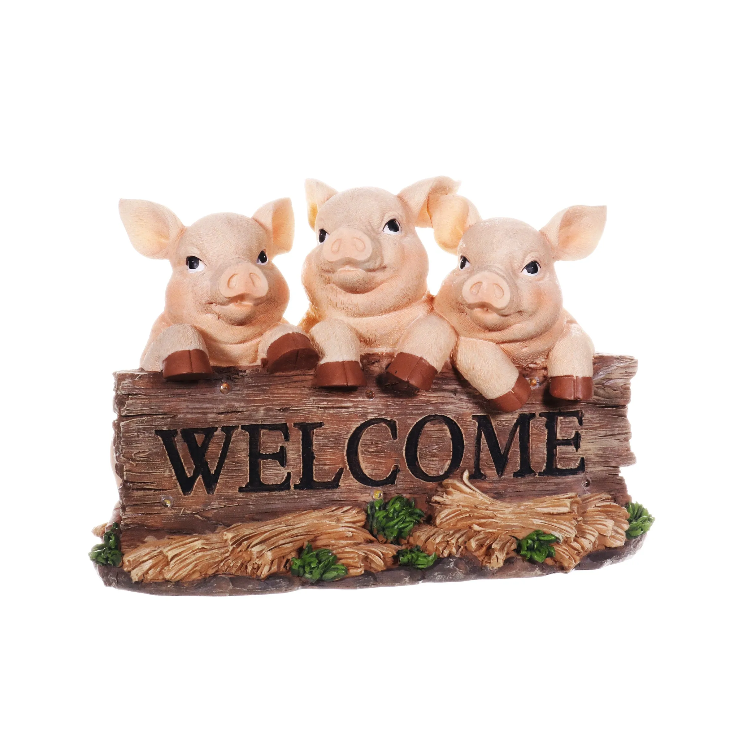 Solar Hand Painted Pigs on a Welcome Log Garden Statue, 12.5 by 8 Inches