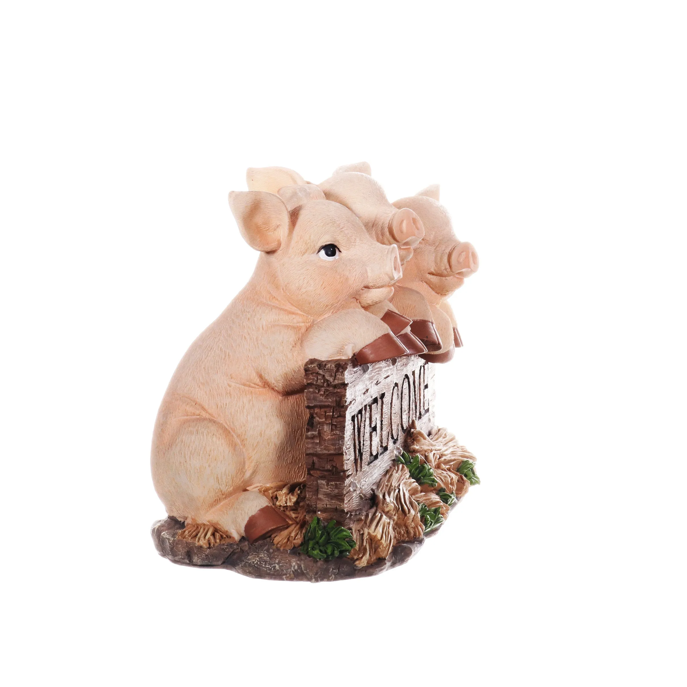 Solar Hand Painted Pigs on a Welcome Log Garden Statue, 12.5 by 8 Inches