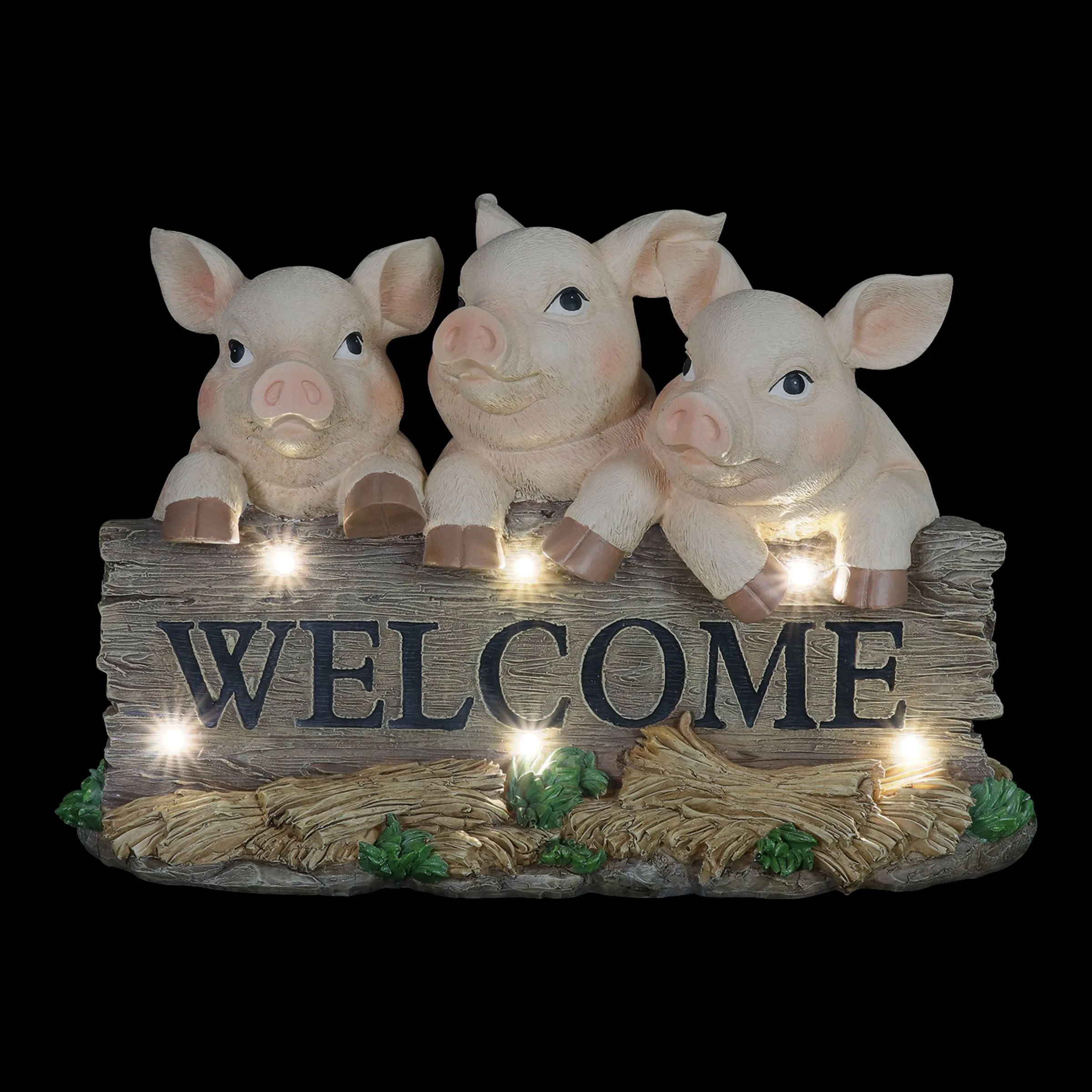 Solar Hand Painted Pigs on a Welcome Log Garden Statue, 12.5 by 8 Inches