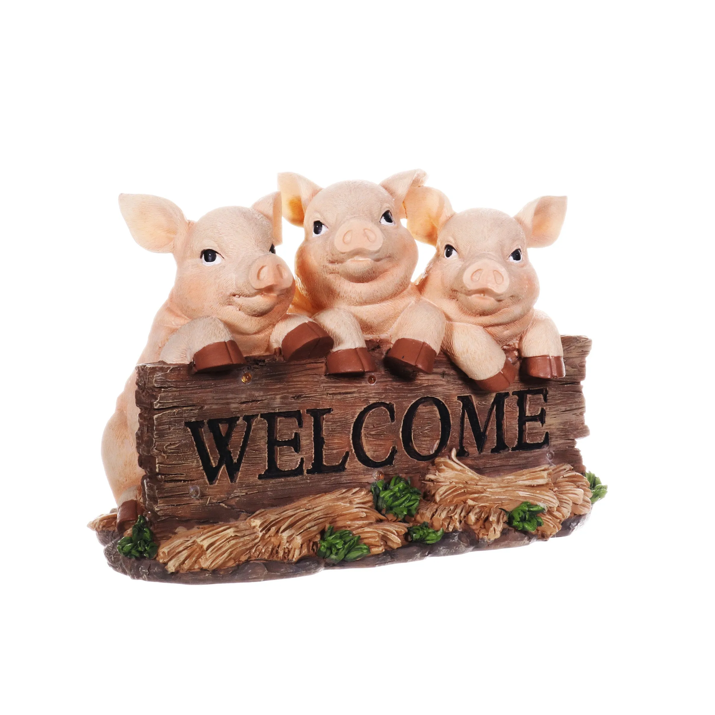 Solar Hand Painted Pigs on a Welcome Log Garden Statue, 12.5 by 8 Inches