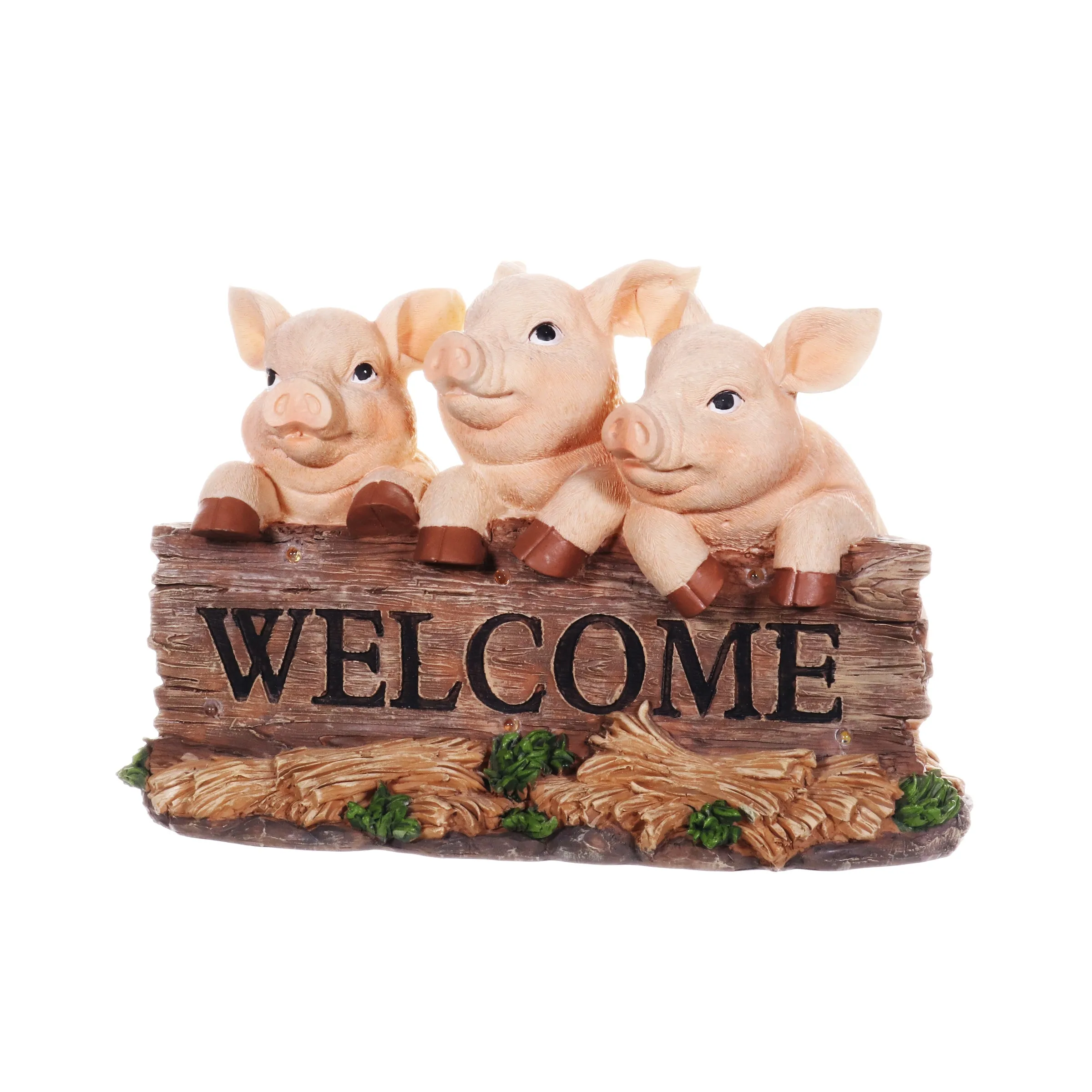 Solar Hand Painted Pigs on a Welcome Log Garden Statue, 12.5 by 8 Inches