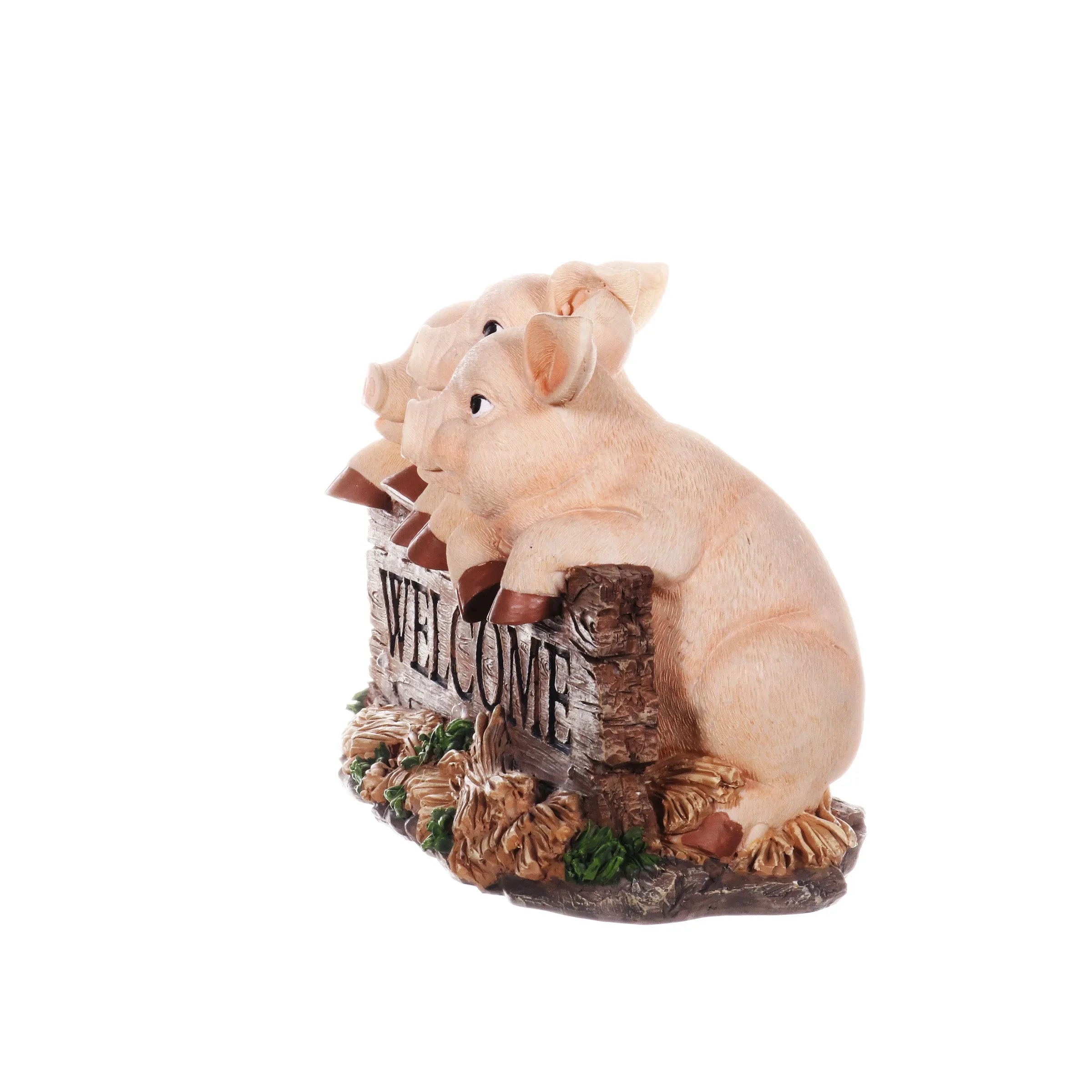 Solar Hand Painted Pigs on a Welcome Log Garden Statue, 12.5 by 8 Inches