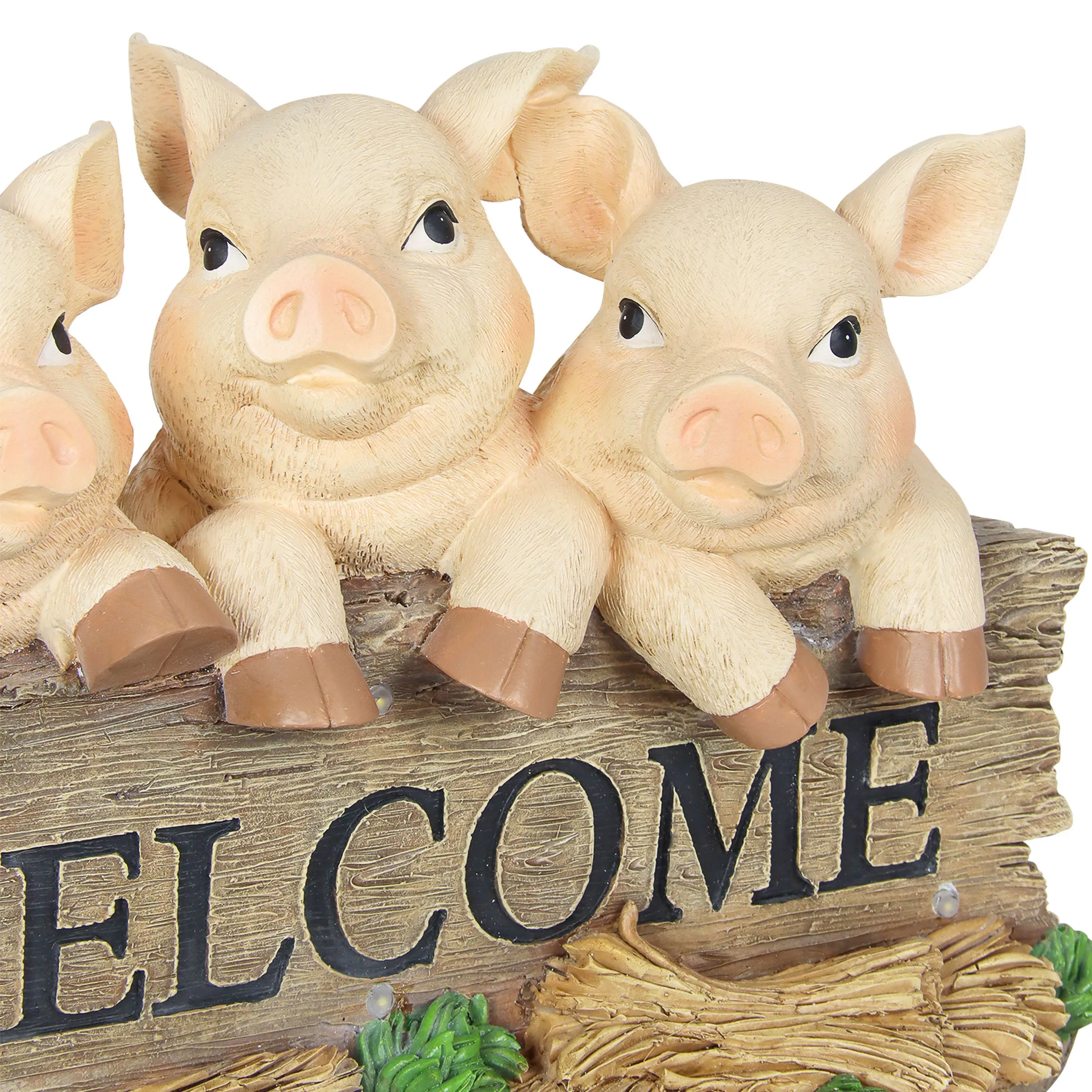 Solar Hand Painted Pigs on a Welcome Log Garden Statue, 12.5 by 8 Inches