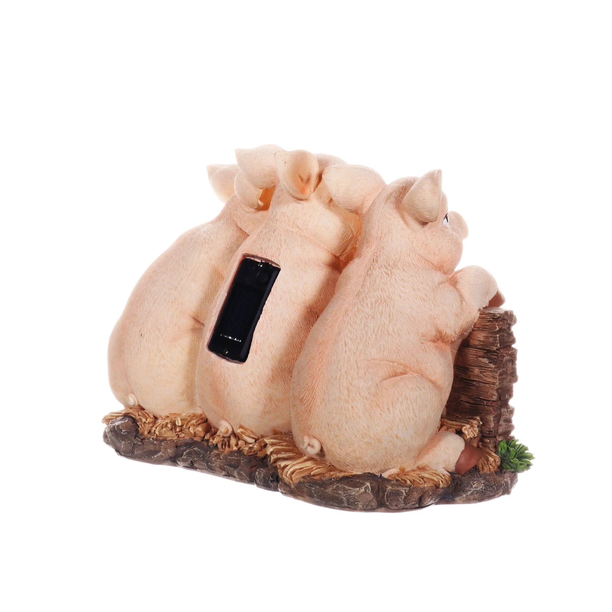 Solar Hand Painted Pigs on a Welcome Log Garden Statue, 12.5 by 8 Inches