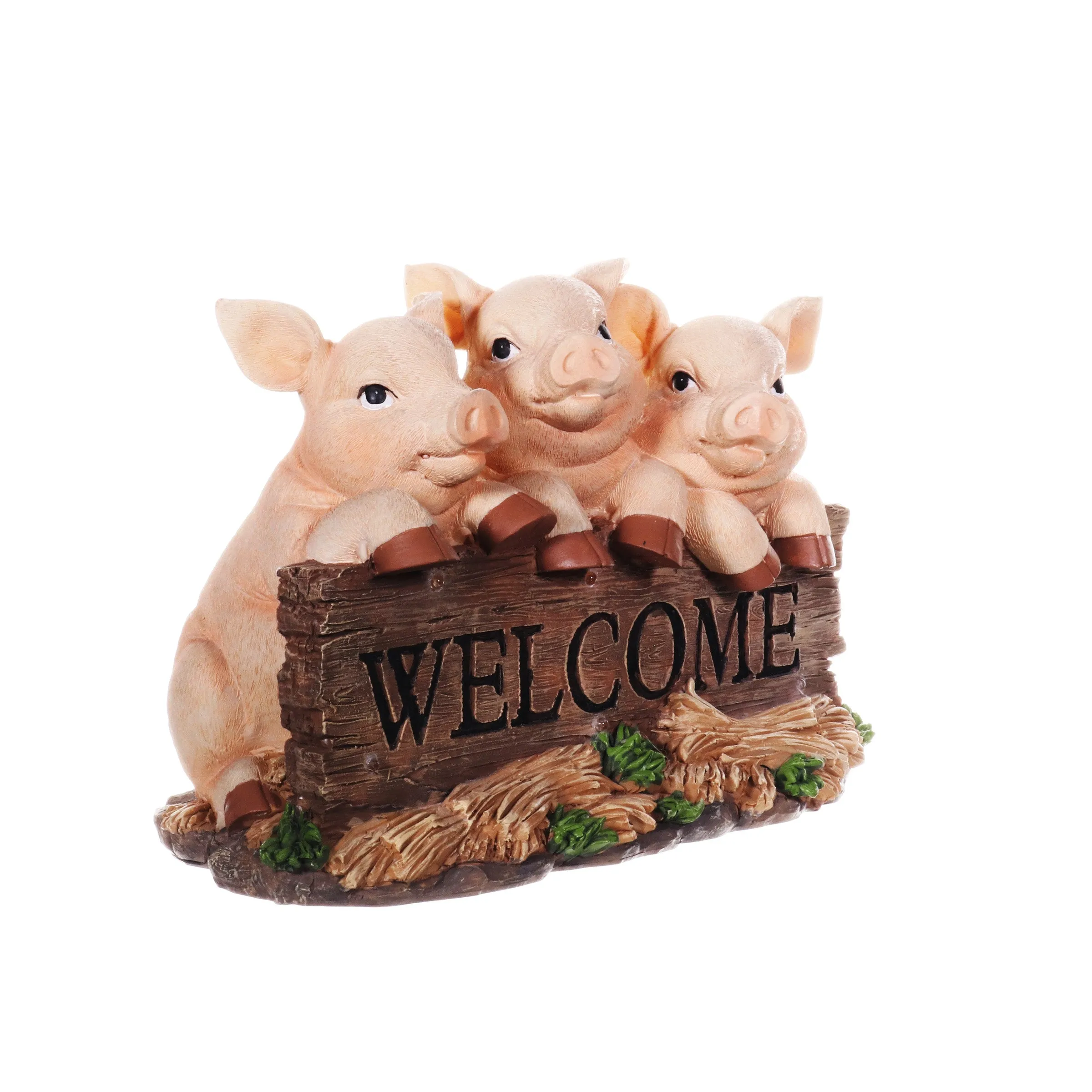 Solar Hand Painted Pigs on a Welcome Log Garden Statue, 12.5 by 8 Inches