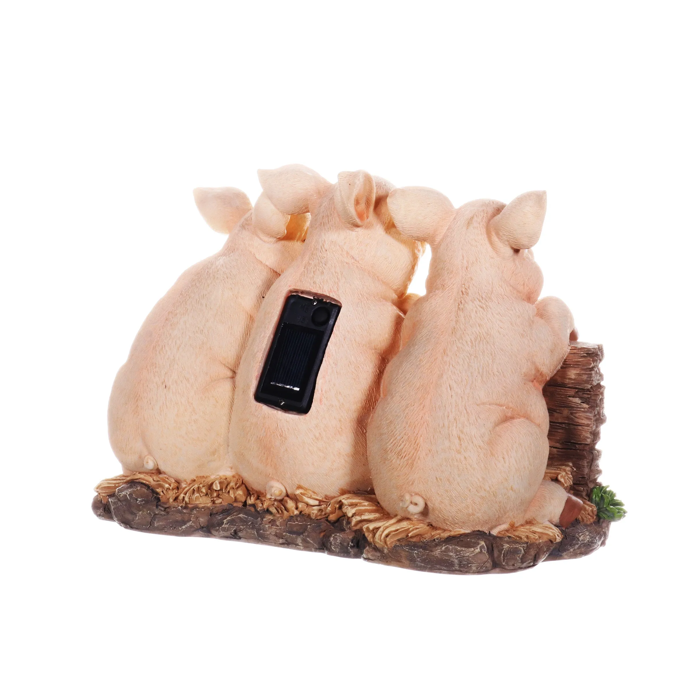 Solar Hand Painted Pigs on a Welcome Log Garden Statue, 12.5 by 8 Inches