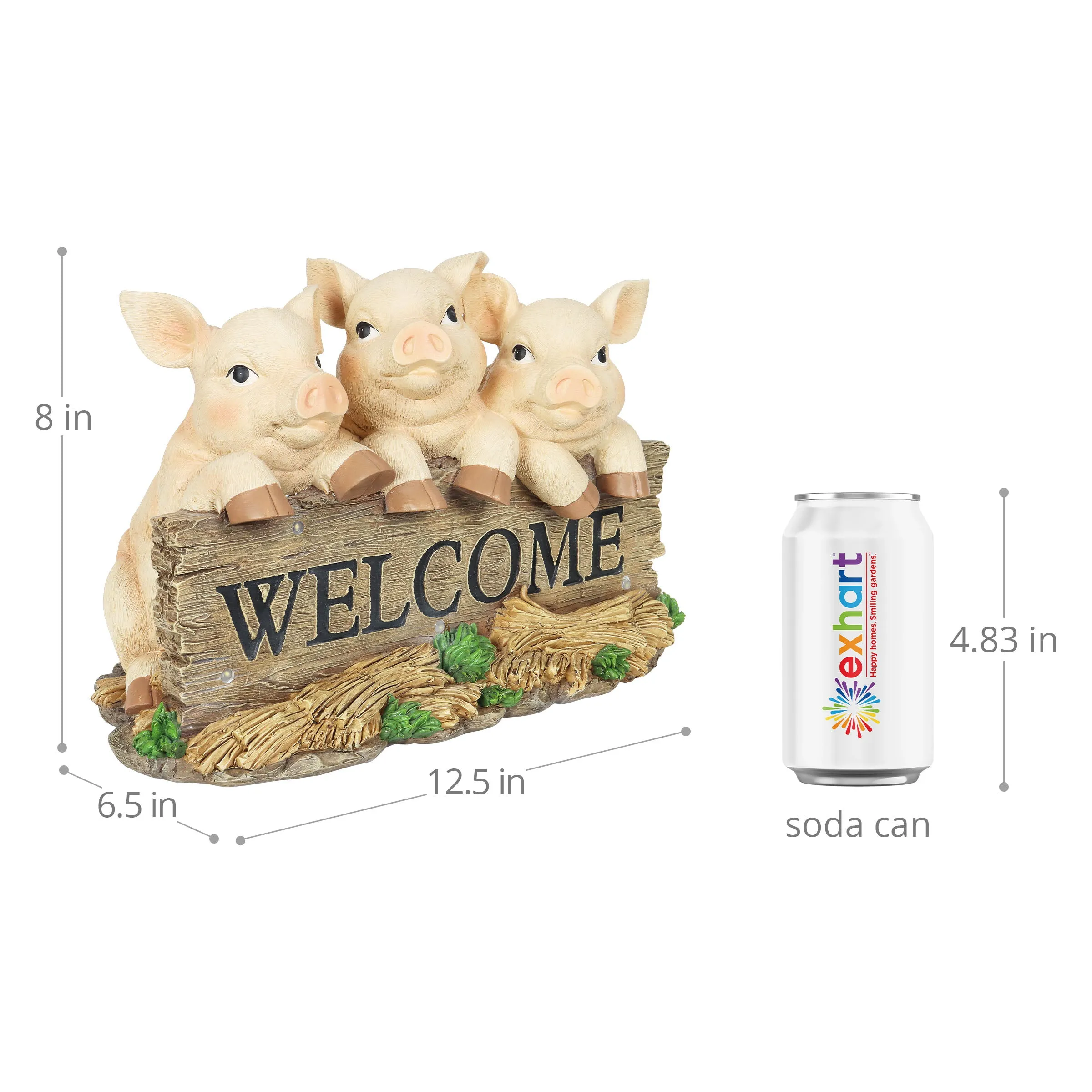 Solar Hand Painted Pigs on a Welcome Log Garden Statue, 12.5 by 8 Inches