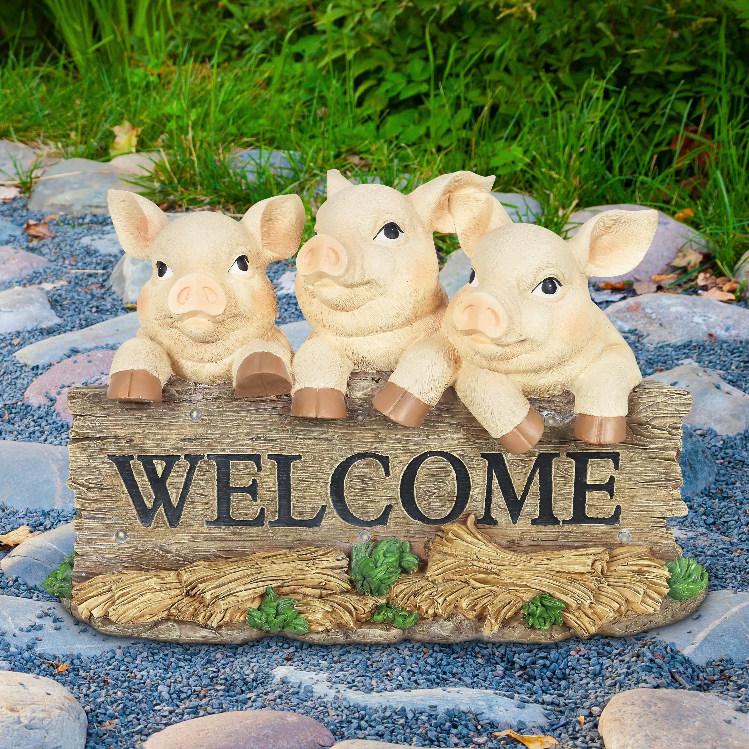 Solar Hand Painted Pigs on a Welcome Log Garden Statue, 12.5 by 8 Inches