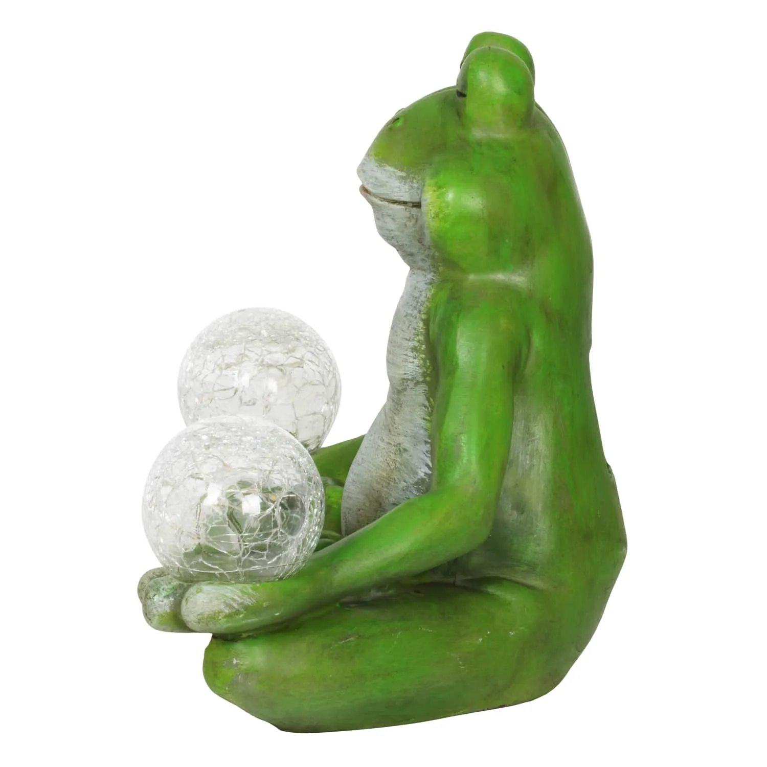 Solar Meditating Yoga Frog Holding Two Crackle Glass Balls Garden Statue, 6 by 9 Inches