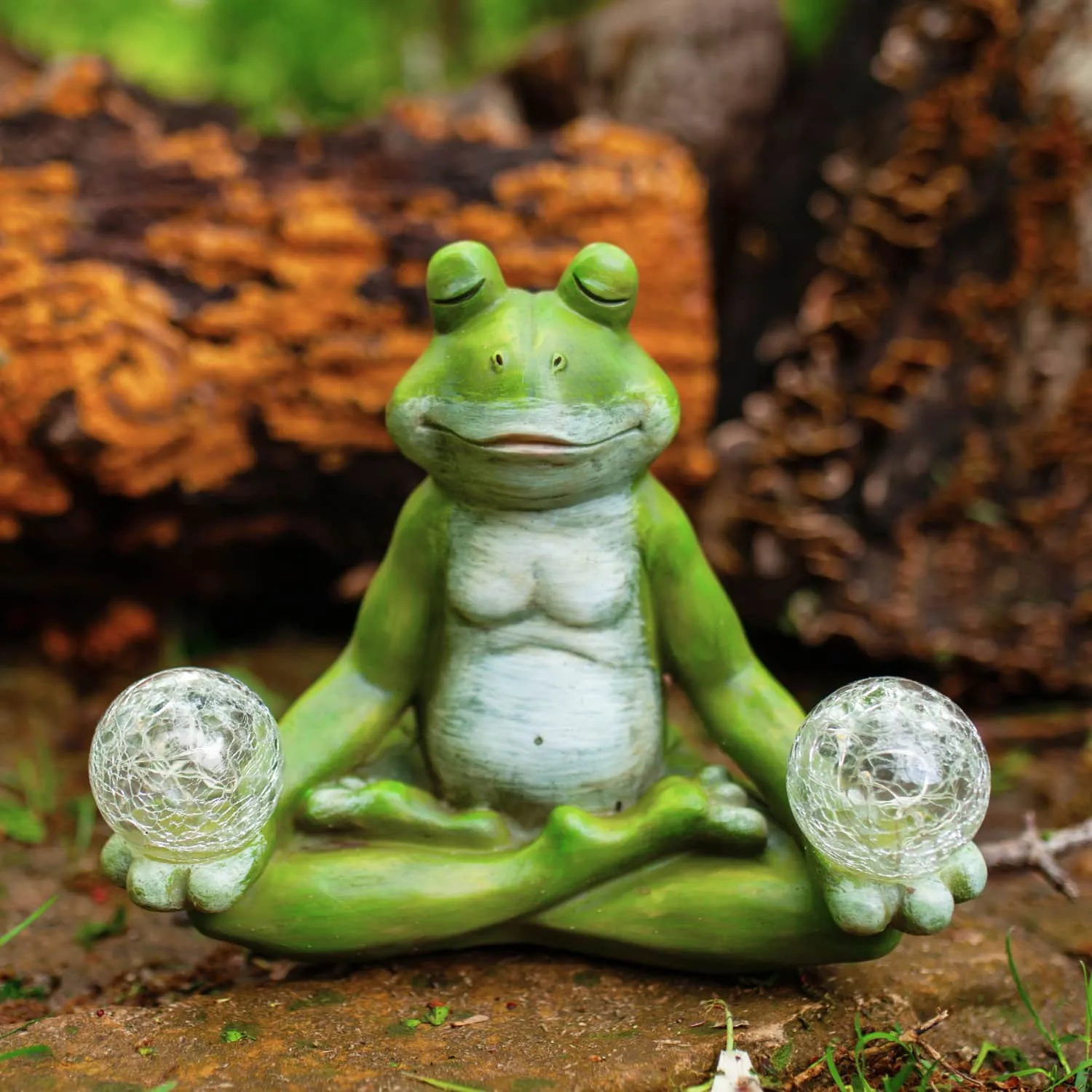 Solar Meditating Yoga Frog Holding Two Crackle Glass Balls Garden Statue, 6 by 9 Inches