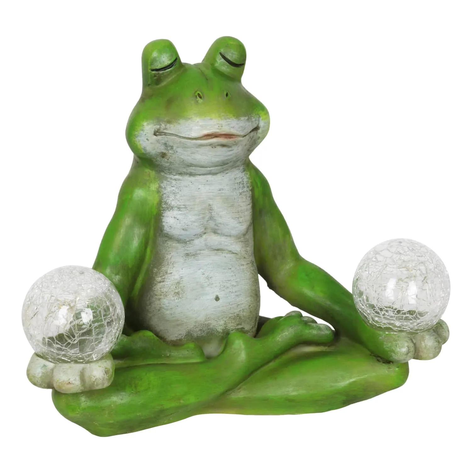 Solar Meditating Yoga Frog Holding Two Crackle Glass Balls Garden Statue, 6 by 9 Inches