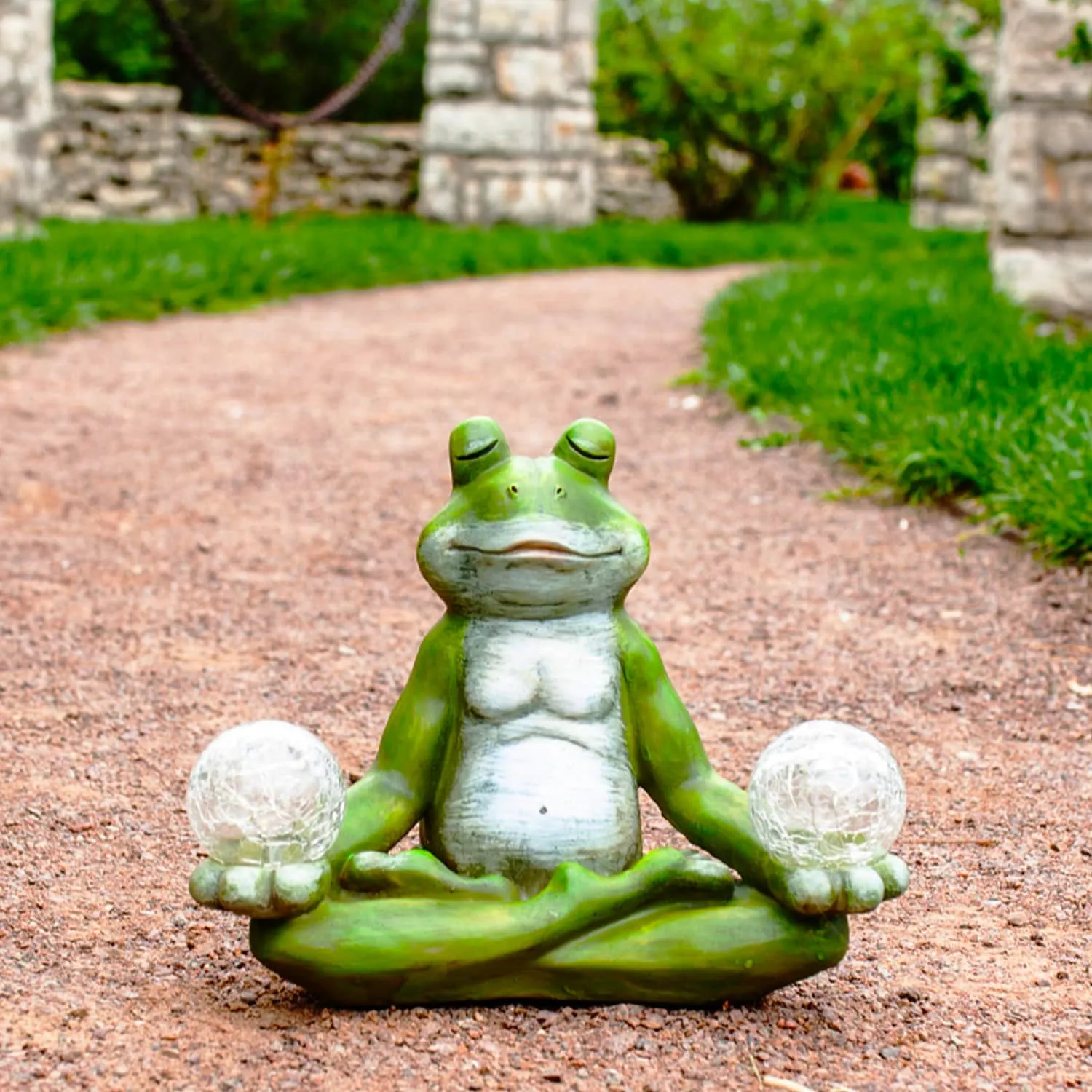Solar Meditating Yoga Frog Holding Two Crackle Glass Balls Garden Statue, 6 by 9 Inches