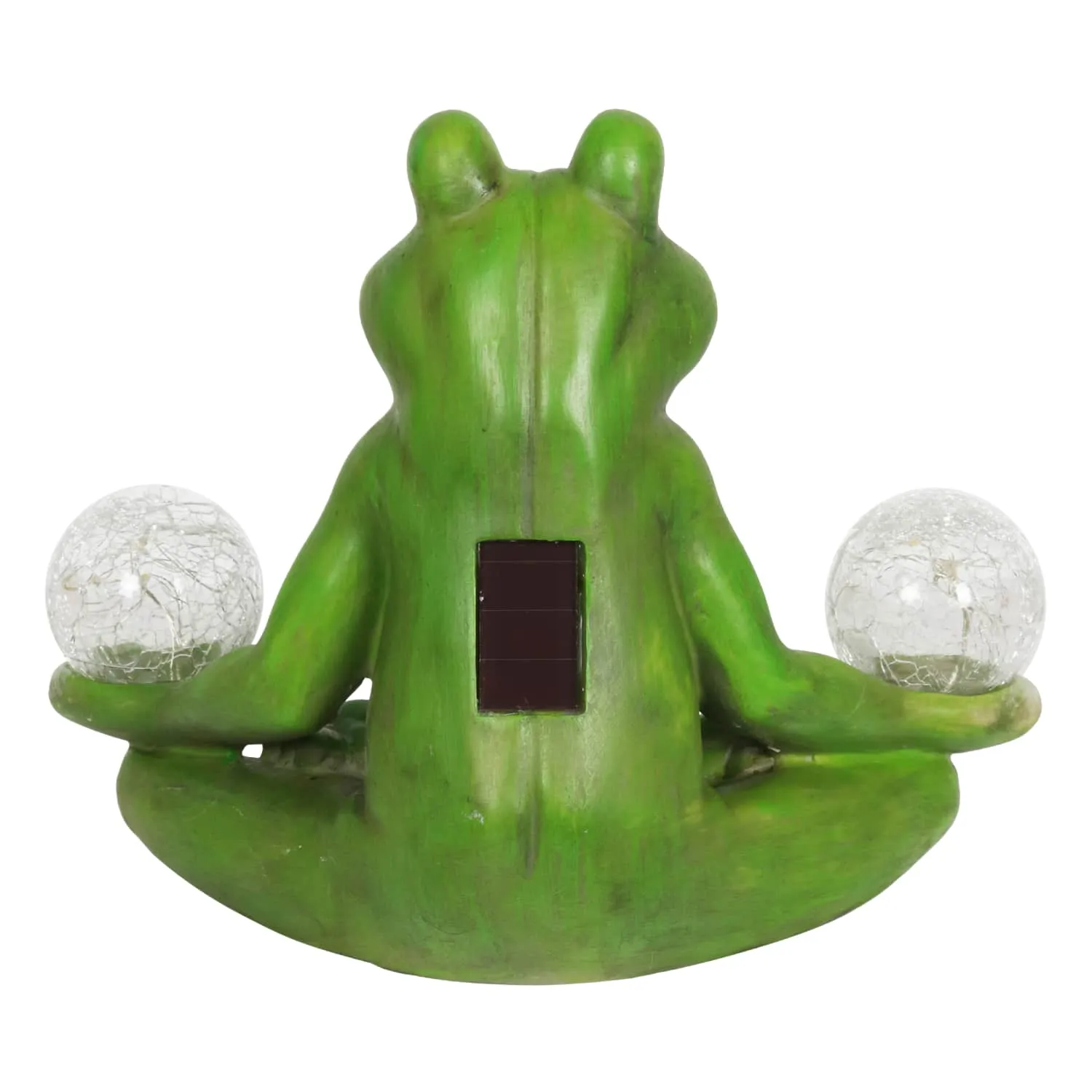 Solar Meditating Yoga Frog Holding Two Crackle Glass Balls Garden Statue, 6 by 9 Inches
