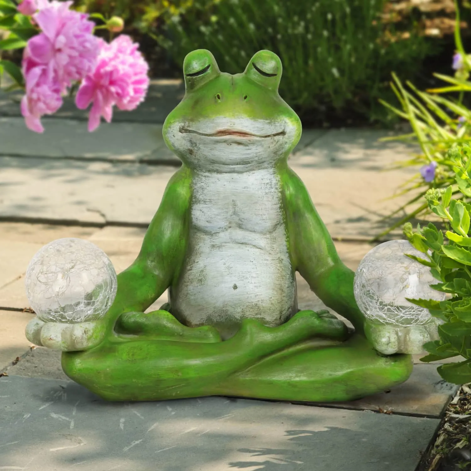 Solar Meditating Yoga Frog Holding Two Crackle Glass Balls Garden Statue, 6 by 9 Inches