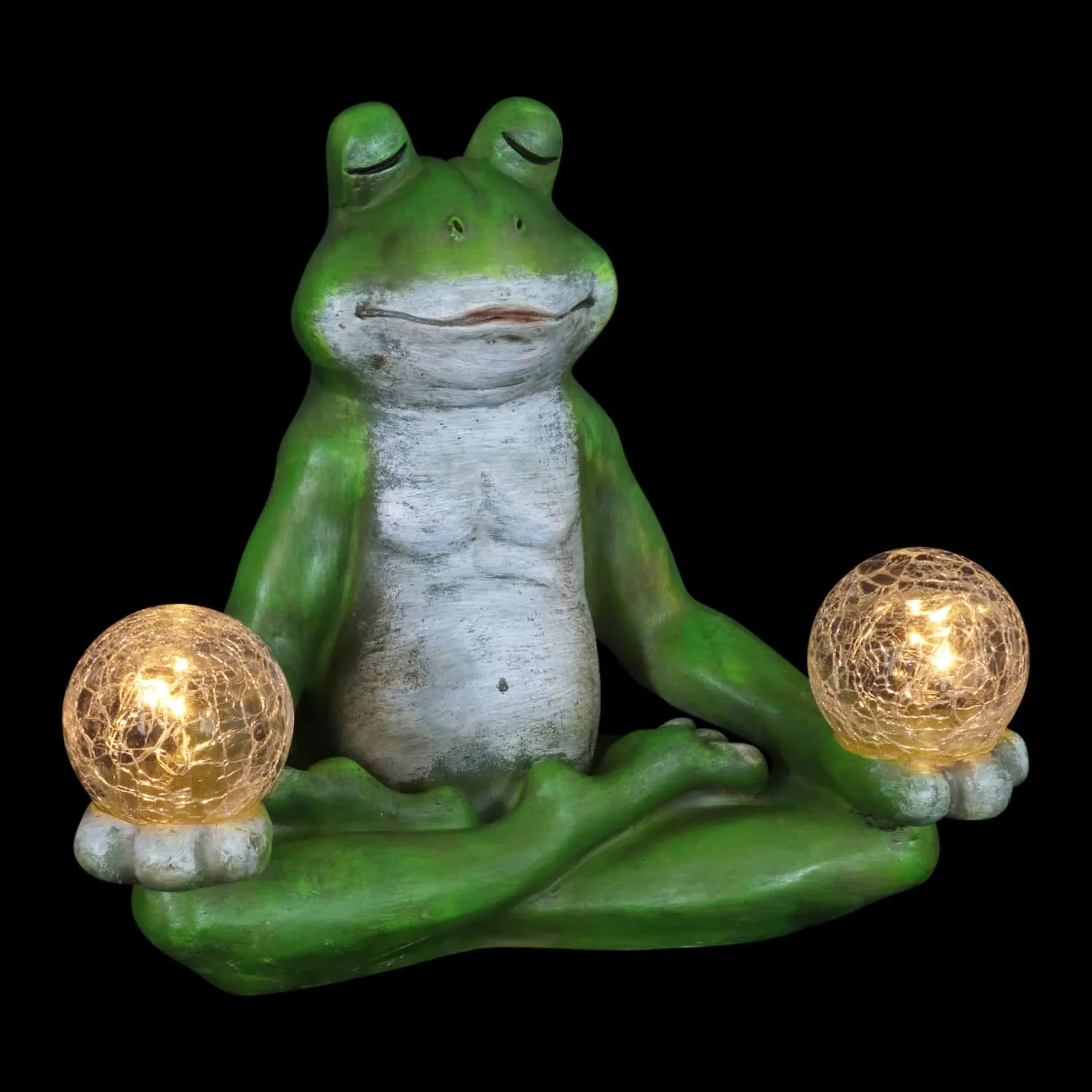 Solar Meditating Yoga Frog Holding Two Crackle Glass Balls Garden Statue, 6 by 9 Inches