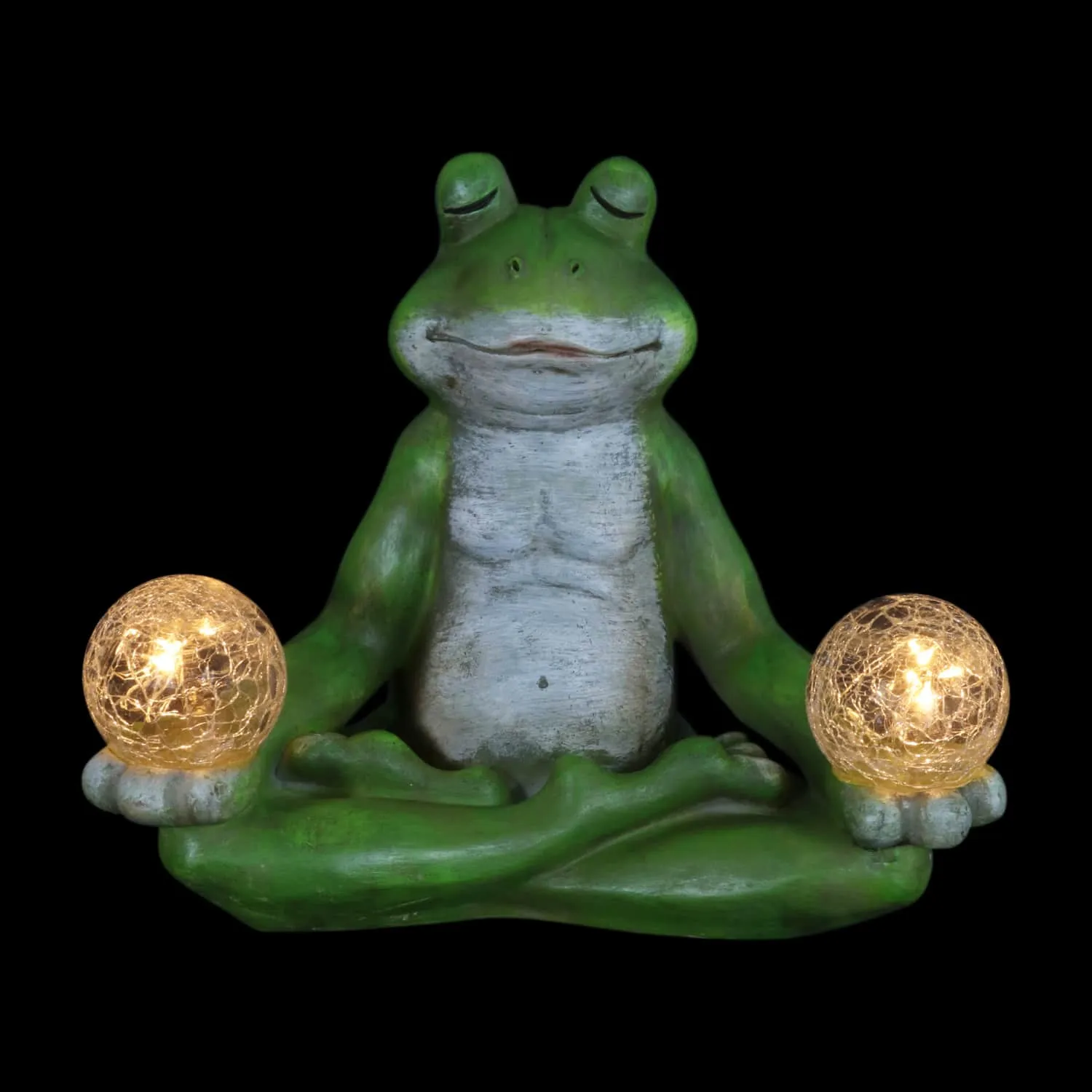 Solar Meditating Yoga Frog Holding Two Crackle Glass Balls Garden Statue, 6 by 9 Inches