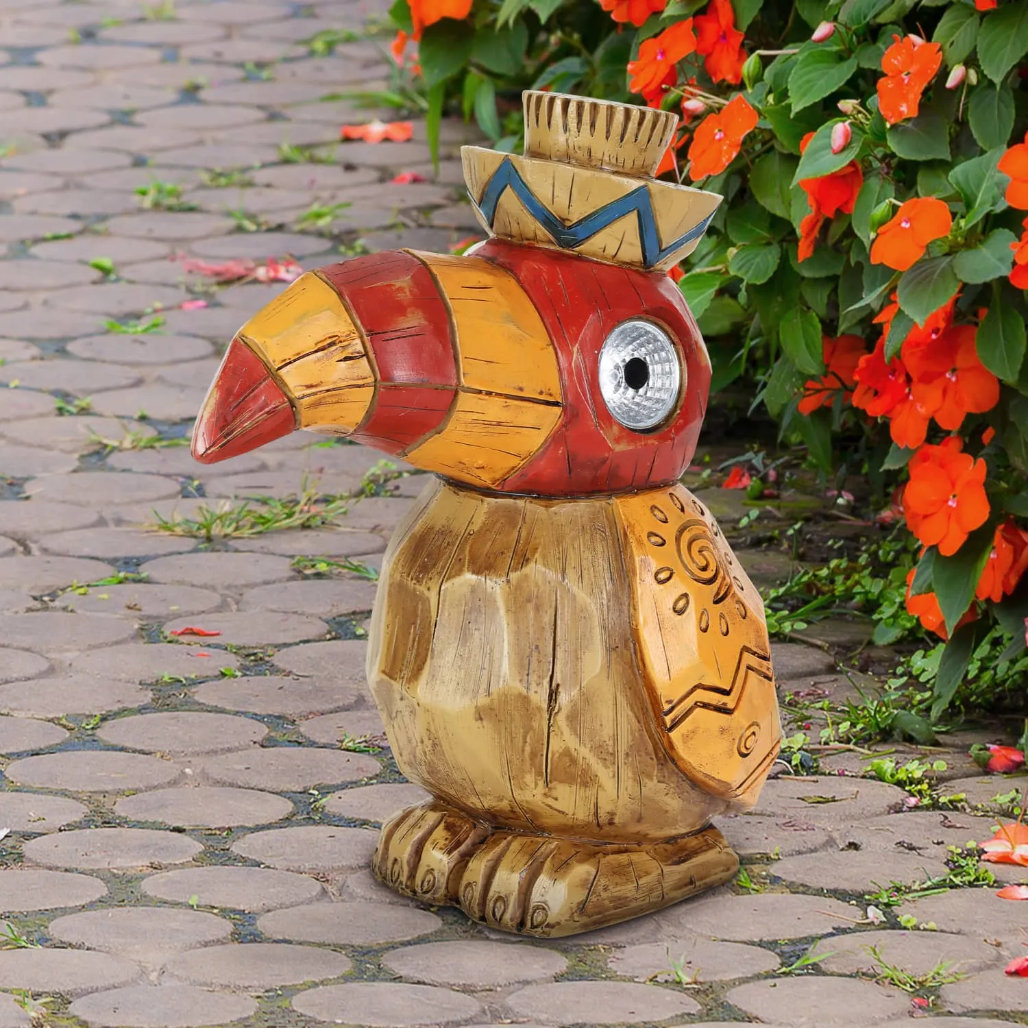 Solar Orange Tiki Toucan Garden Statue with LED Eyes, 10 by 10 Inches