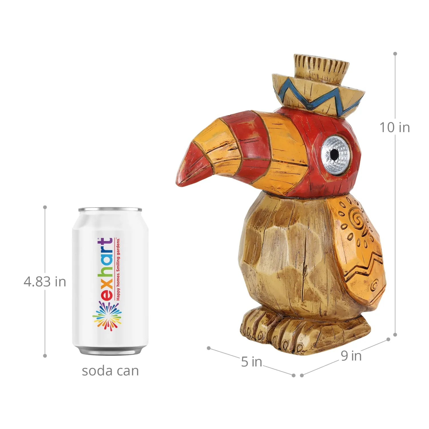 Solar Orange Tiki Toucan Garden Statue with LED Eyes, 10 by 10 Inches