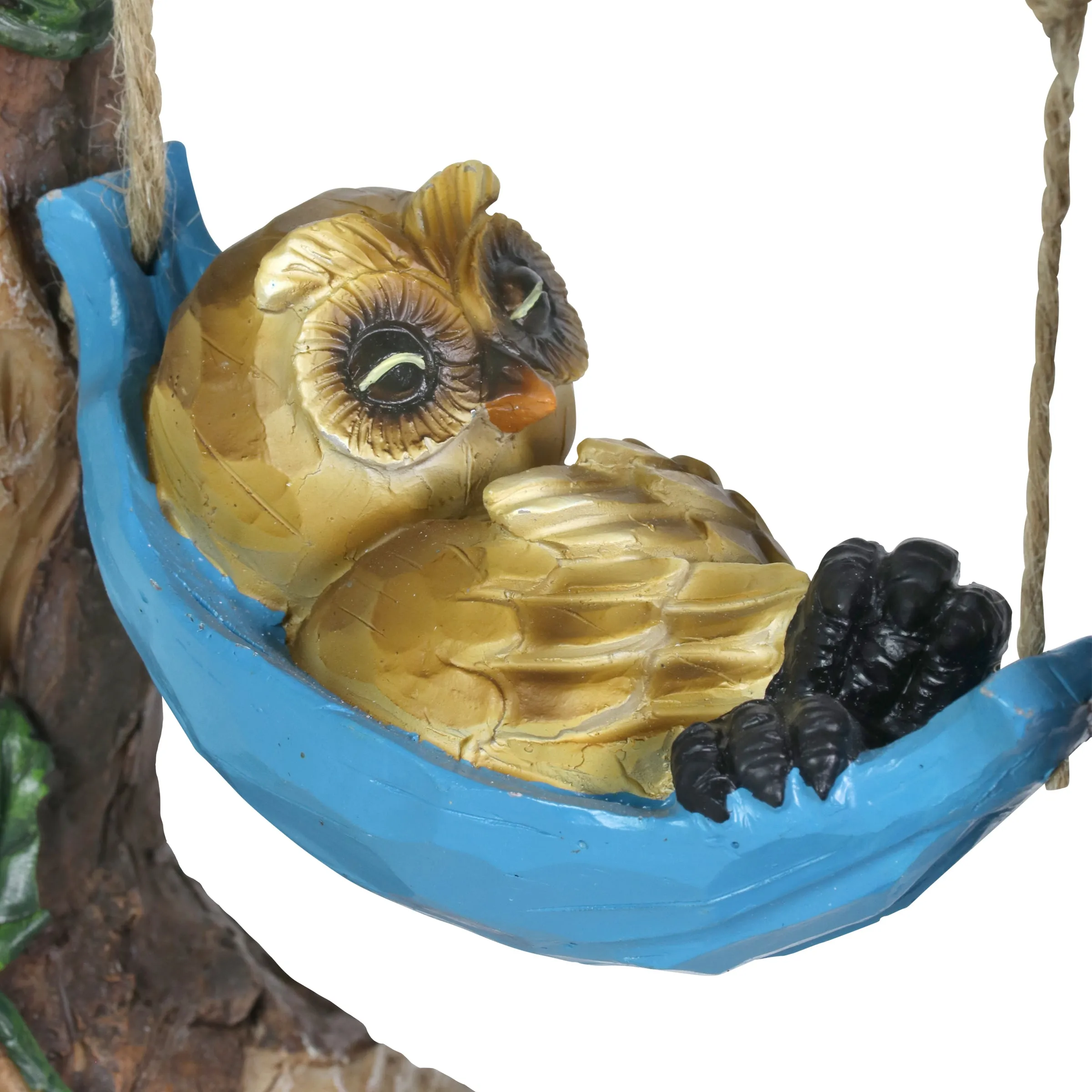 Solar Owl in a Lake Life Hammock Hand Painted Garden Statuary, 9.5 by 10 Inches