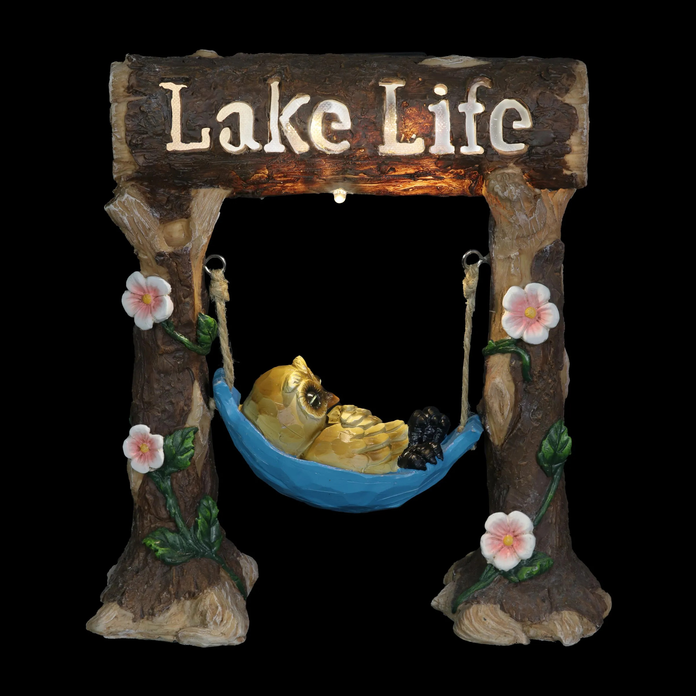 Solar Owl in a Lake Life Hammock Hand Painted Garden Statuary, 9.5 by 10 Inches
