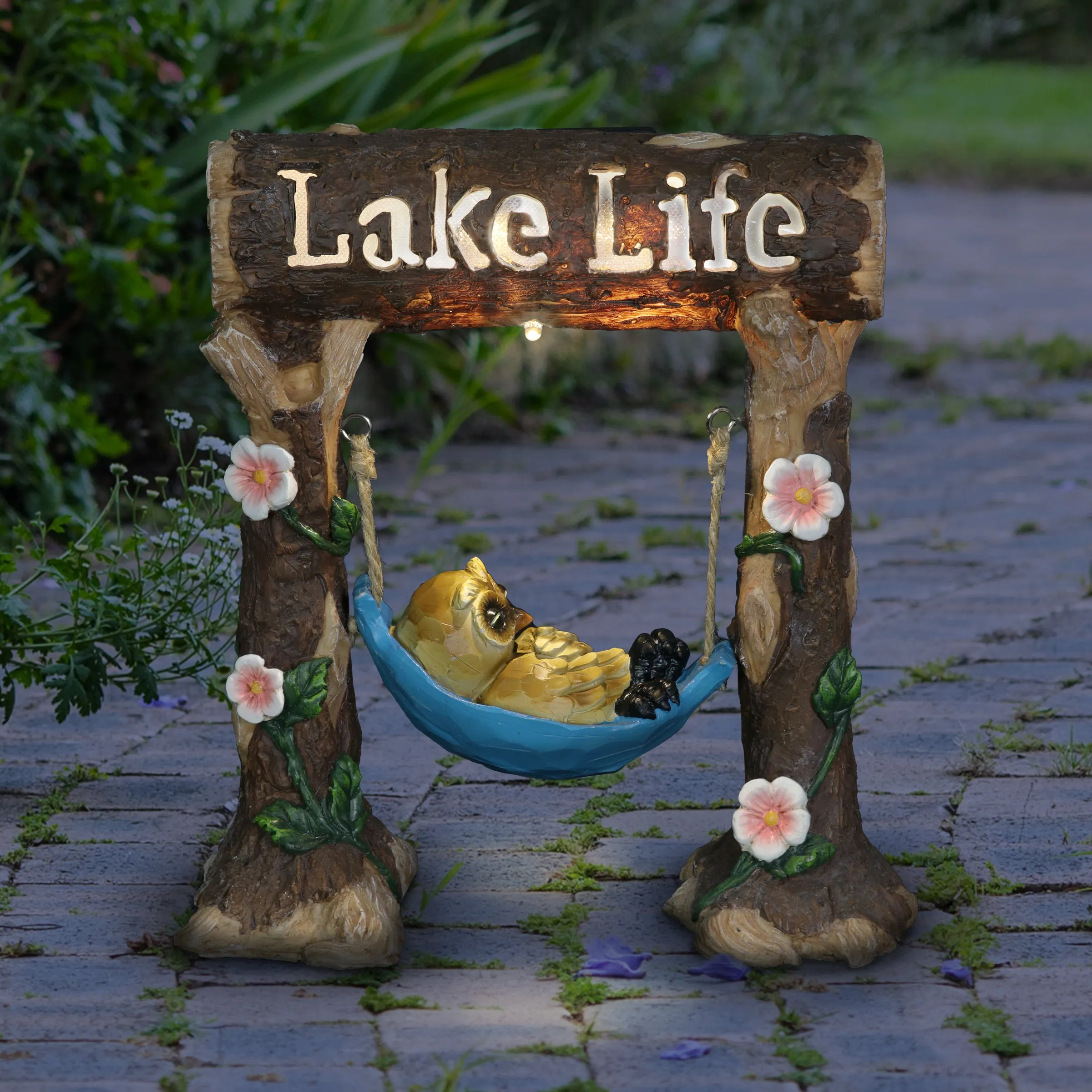 Solar Owl in a Lake Life Hammock Hand Painted Garden Statuary, 9.5 by 10 Inches