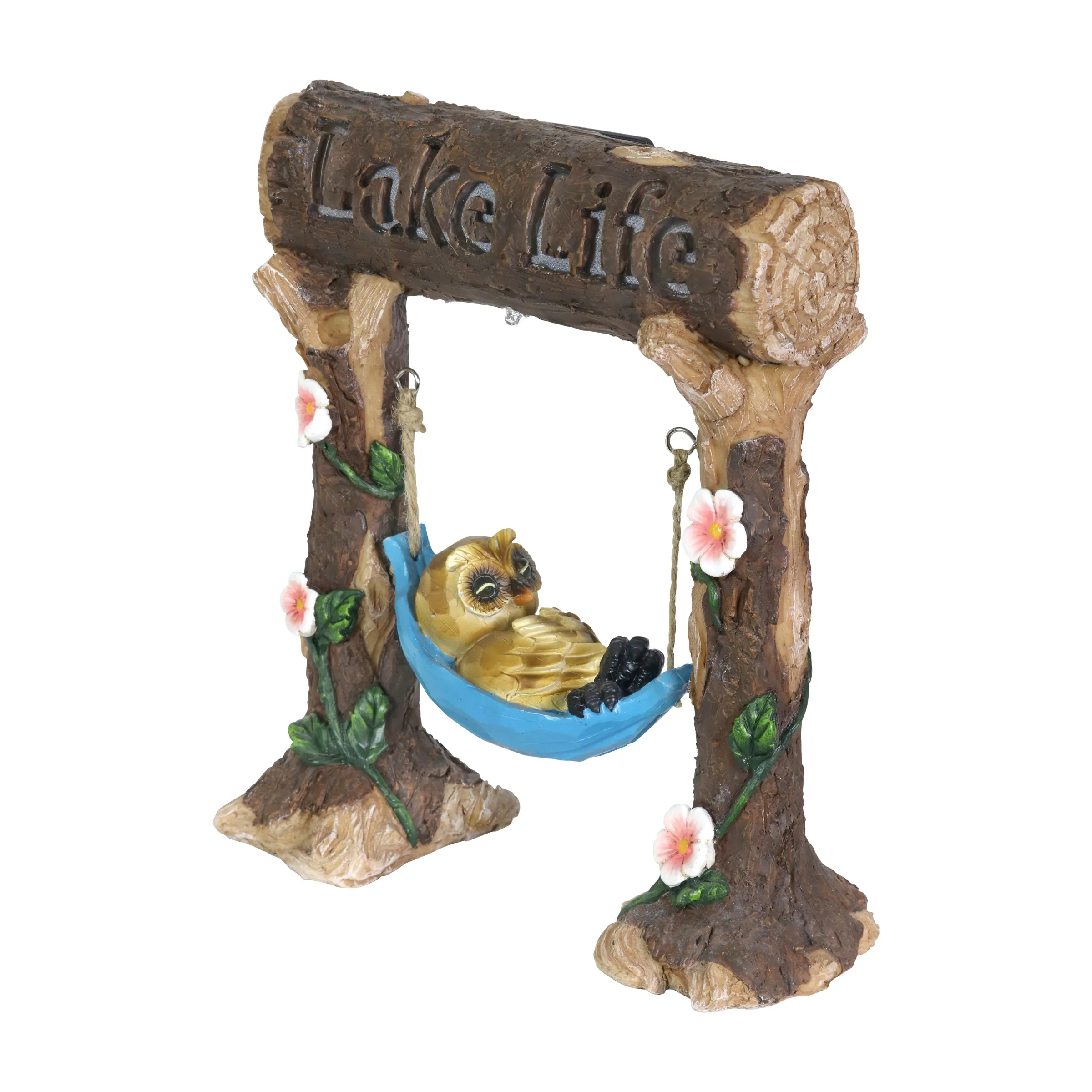 Solar Owl in a Lake Life Hammock Hand Painted Garden Statuary, 9.5 by 10 Inches