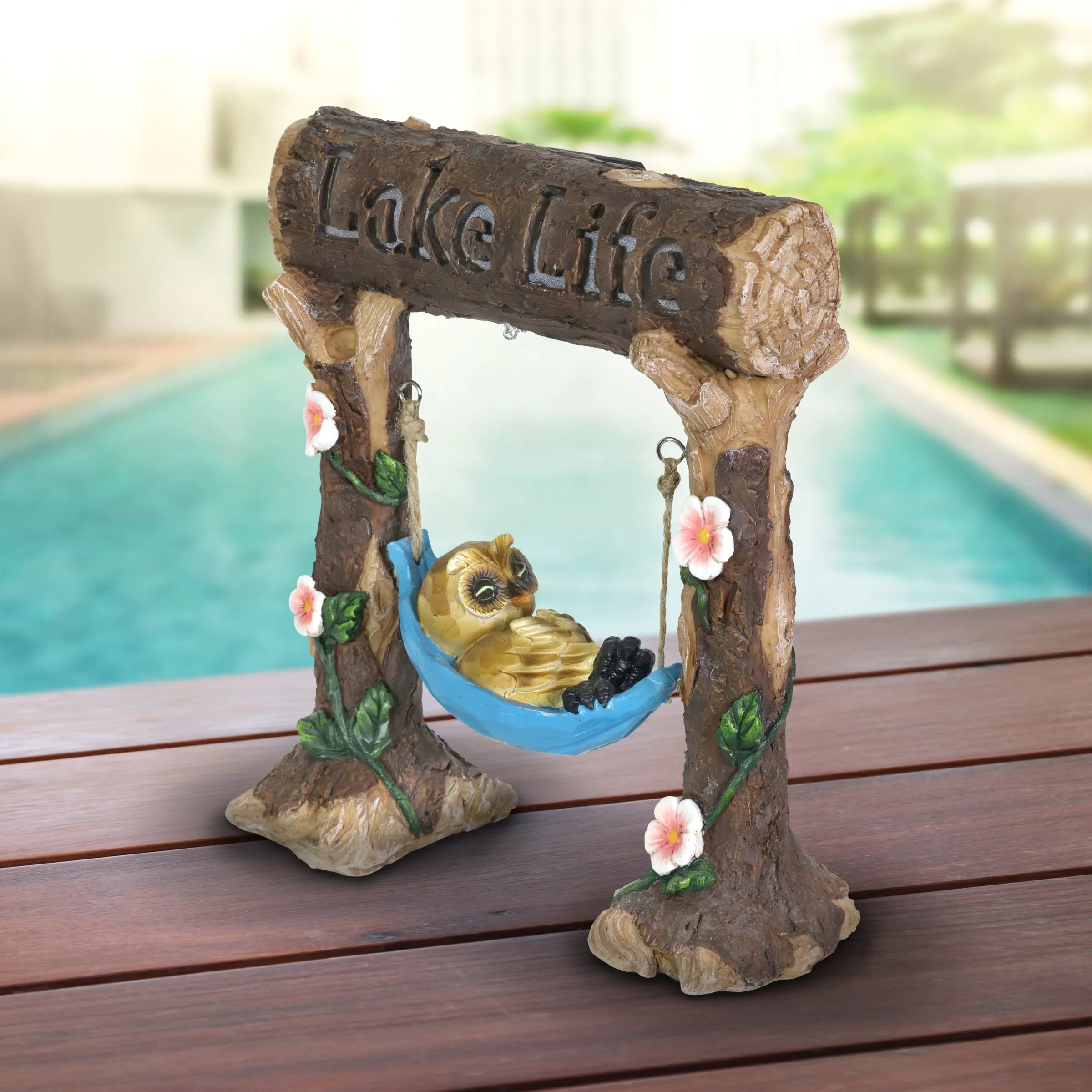 Solar Owl in a Lake Life Hammock Hand Painted Garden Statuary, 9.5 by 10 Inches