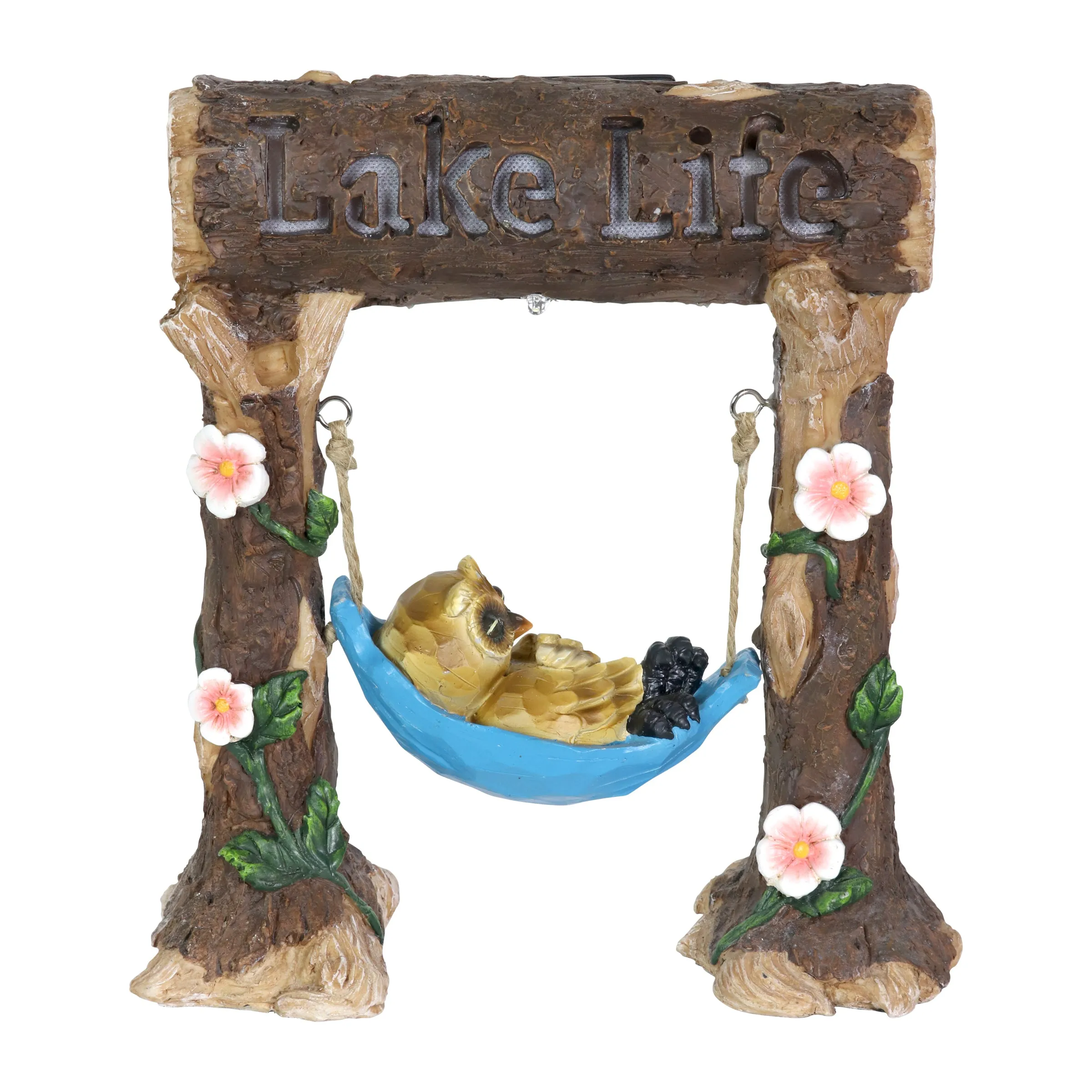 Solar Owl in a Lake Life Hammock Hand Painted Garden Statuary, 9.5 by 10 Inches