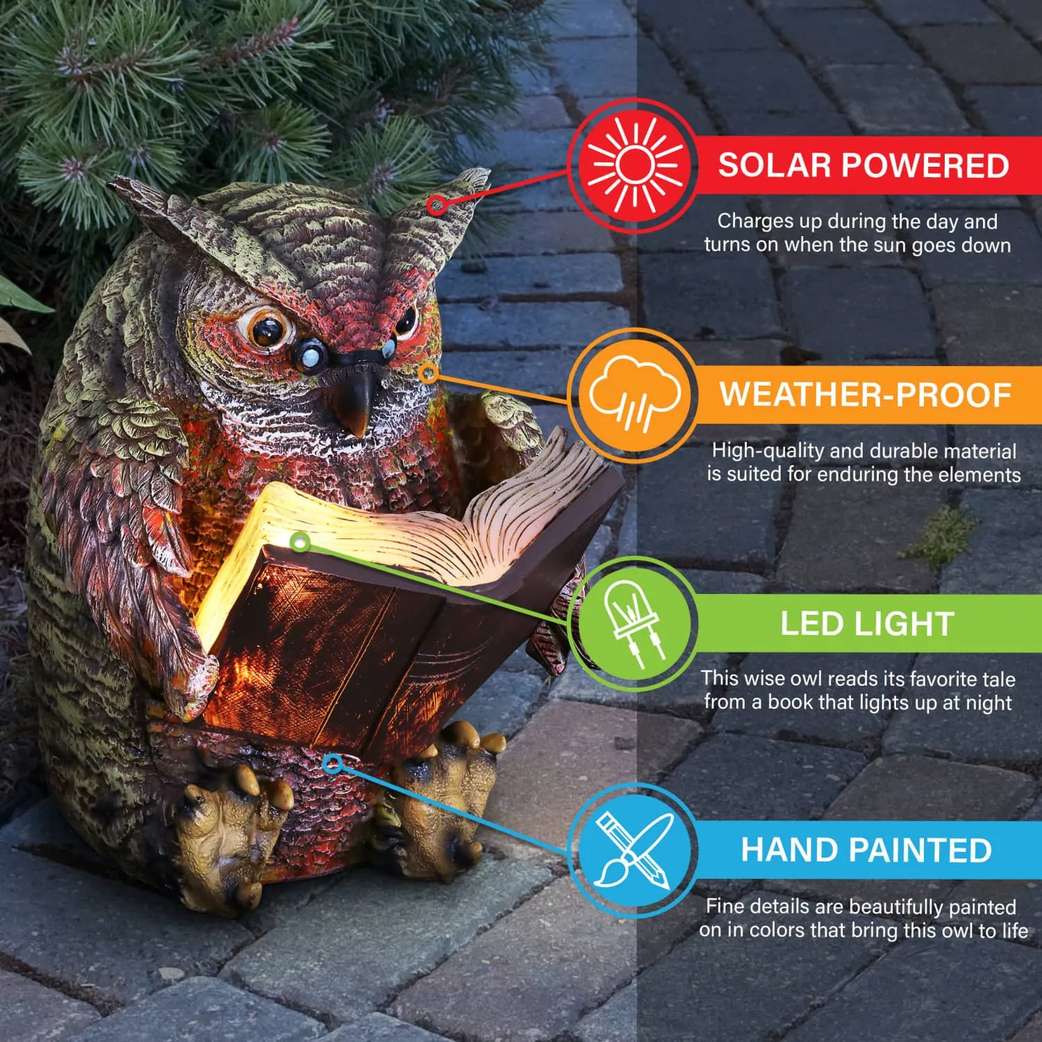 Solar Owl Reading a Book Garden Statue, 7 Inches