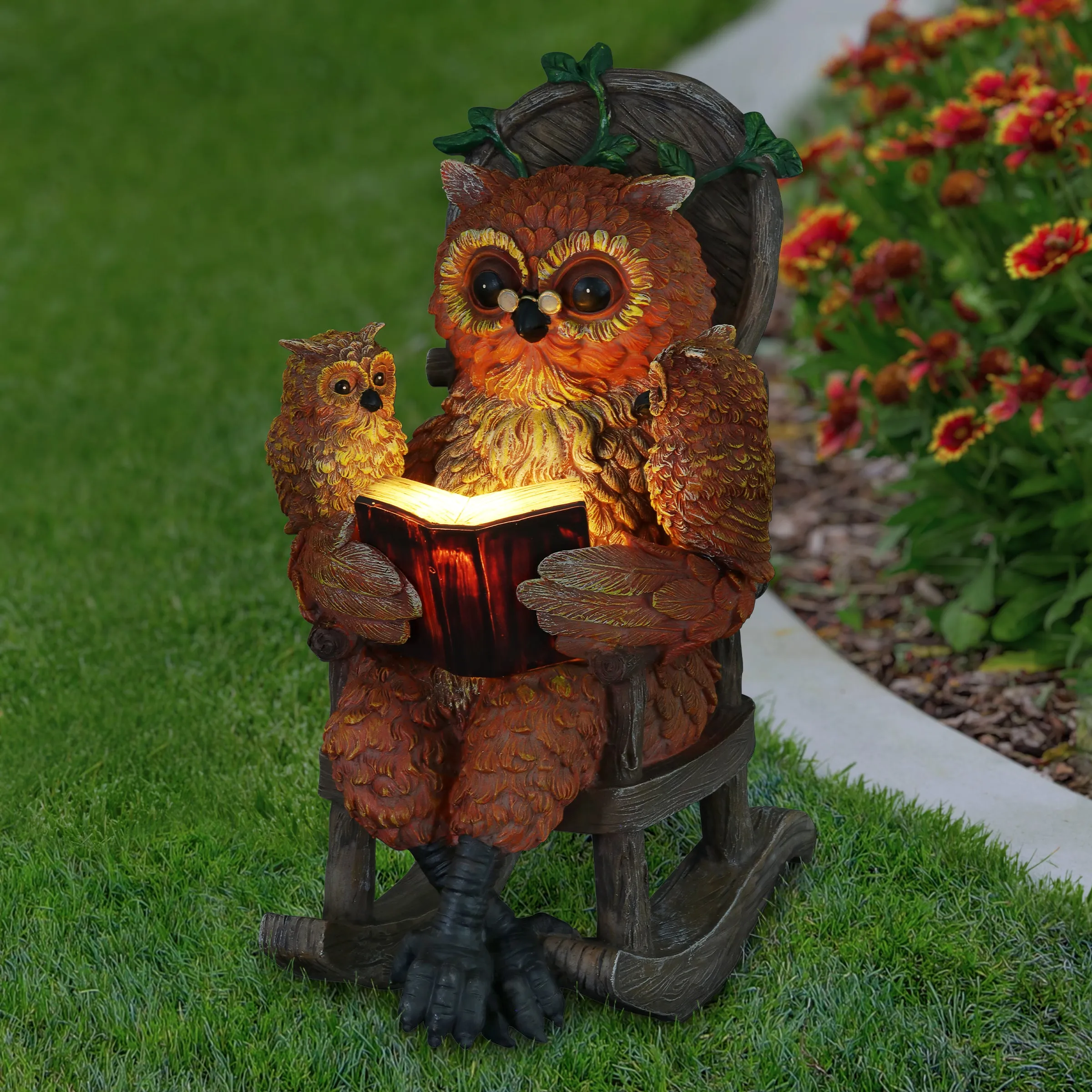 Solar Owl Reading a Story in a Rocking Chair, 12 Inch